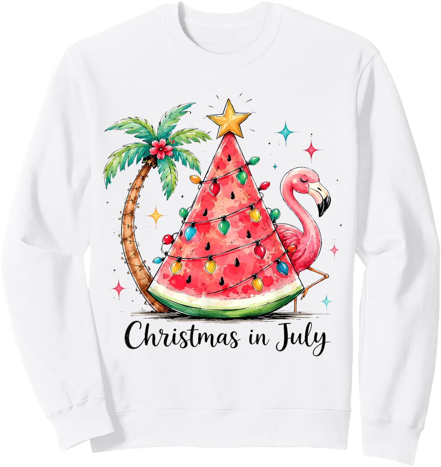 Christmas in July Watermelon Tree Flamingo Palm Tropical Sweatshirt - Sweatshirt | White