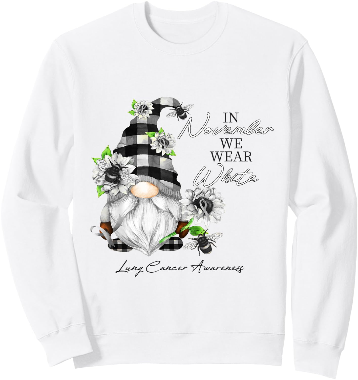 In November We Wear White for Lung Cancer Awareness Gnome Sweatshirt - Sweatshirt | White