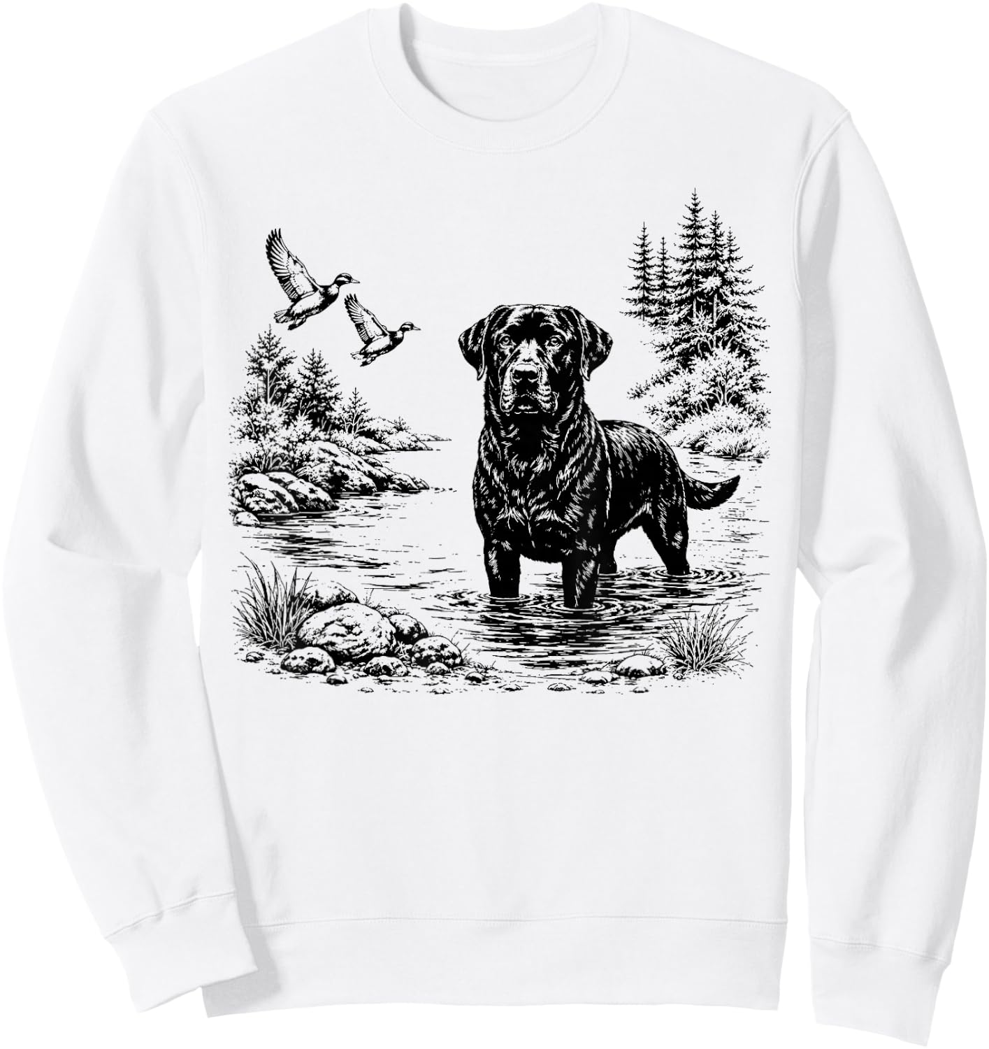 Vintage Black Labrador Duck Hunting Scene Sketch Landscape Sweatshirt - Sweatshirt | White