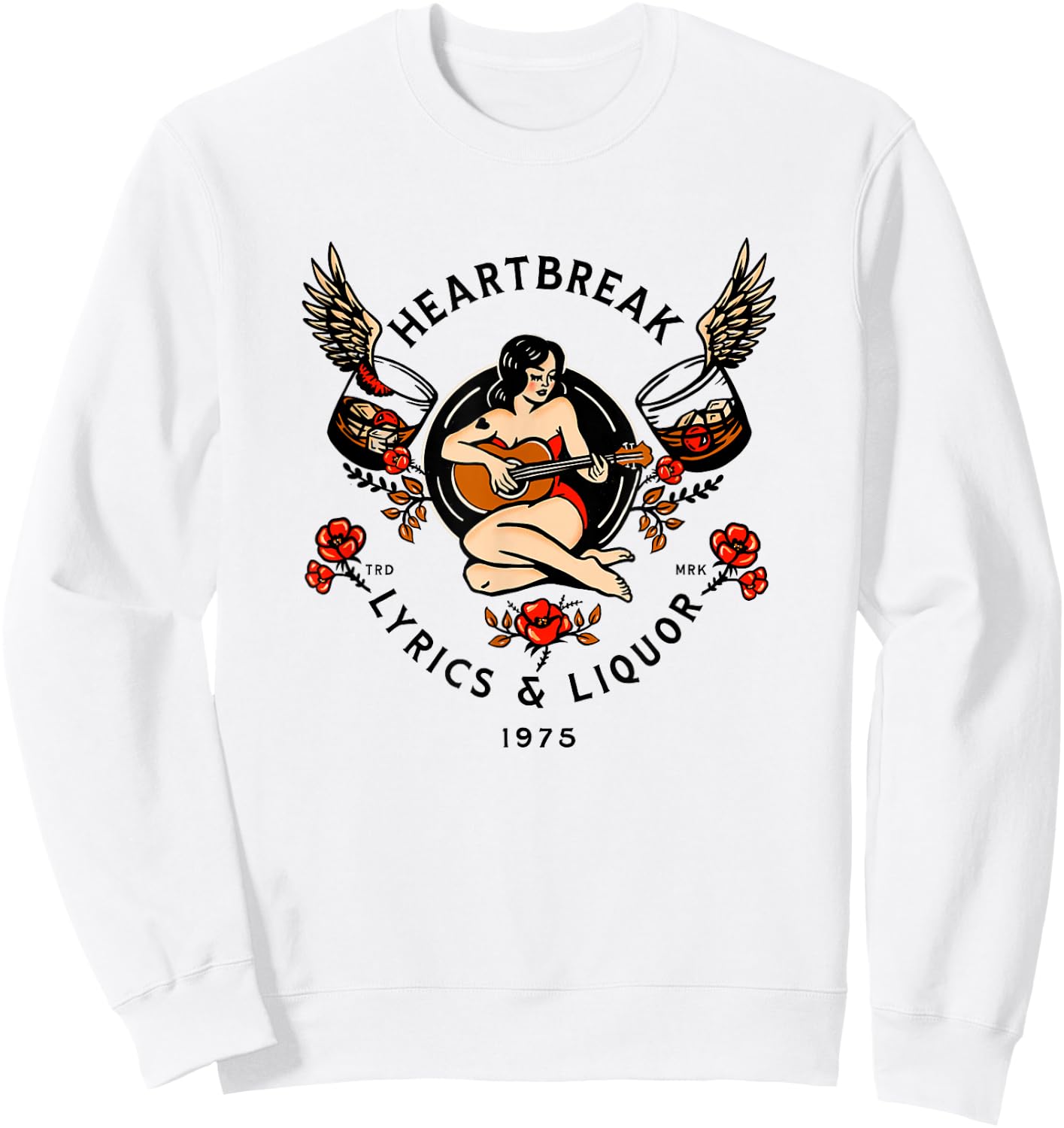 Heartbreak Lyrics & Liquor. Vintage Pinup Girl Guitar Art Small Sweatshirt - Sweatshirt | White
