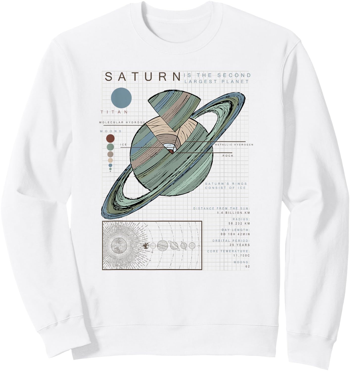 Saturn Facts Second Largest Planet Sweatshirt - Sweatshirt | White