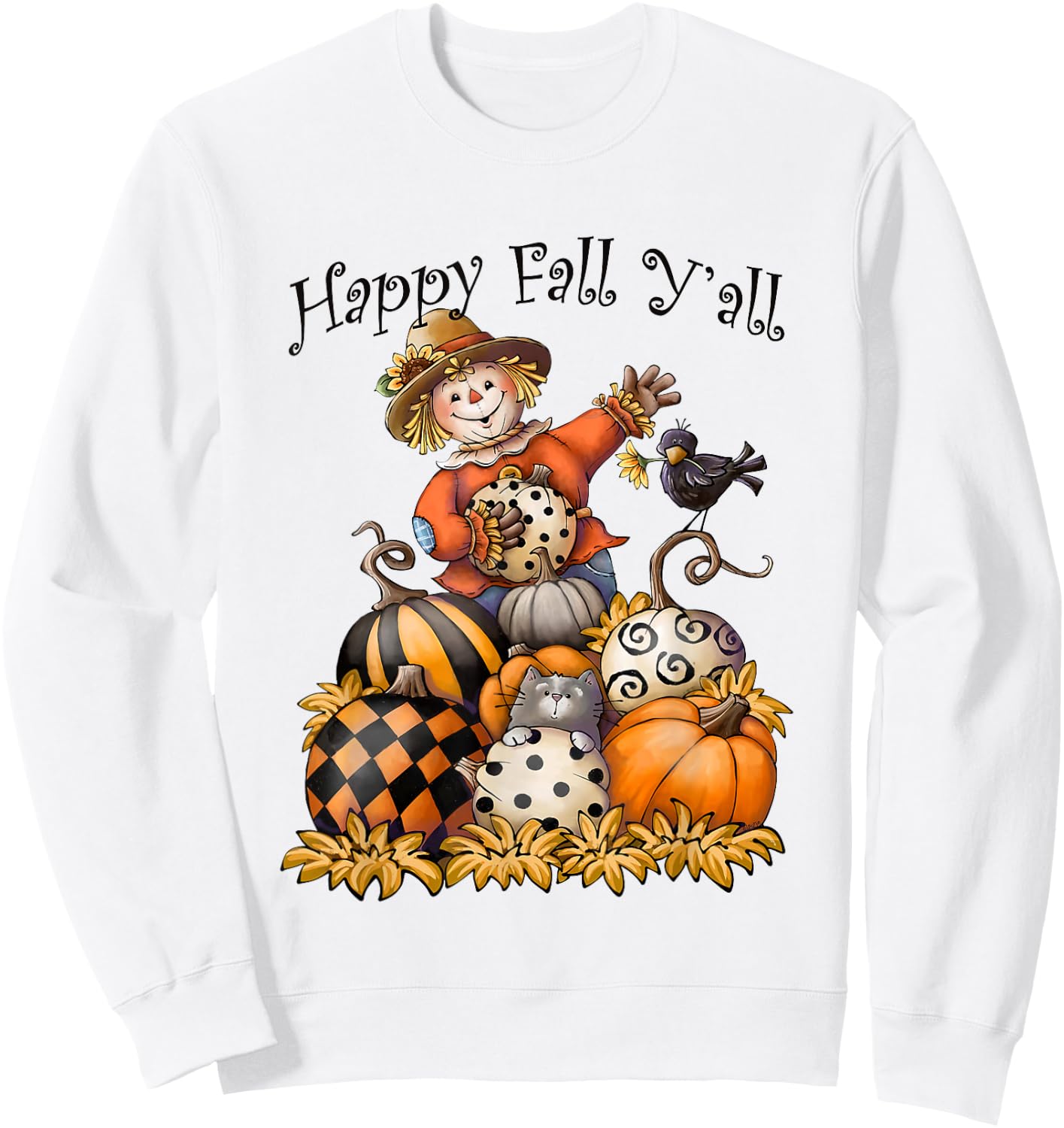 Scarecrow Happy Fall Y'all Pumpkin Thanksgiving Halloween Sweatshirt - Sweatshirt | White