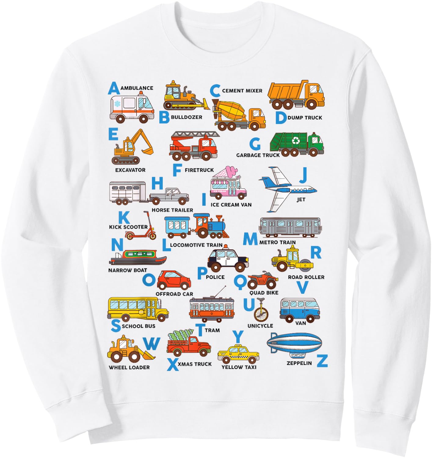Alphabet Vehicles ABCs Learning Teachers Kids Boys Girls Sweatshirt - Sweatshirt | White