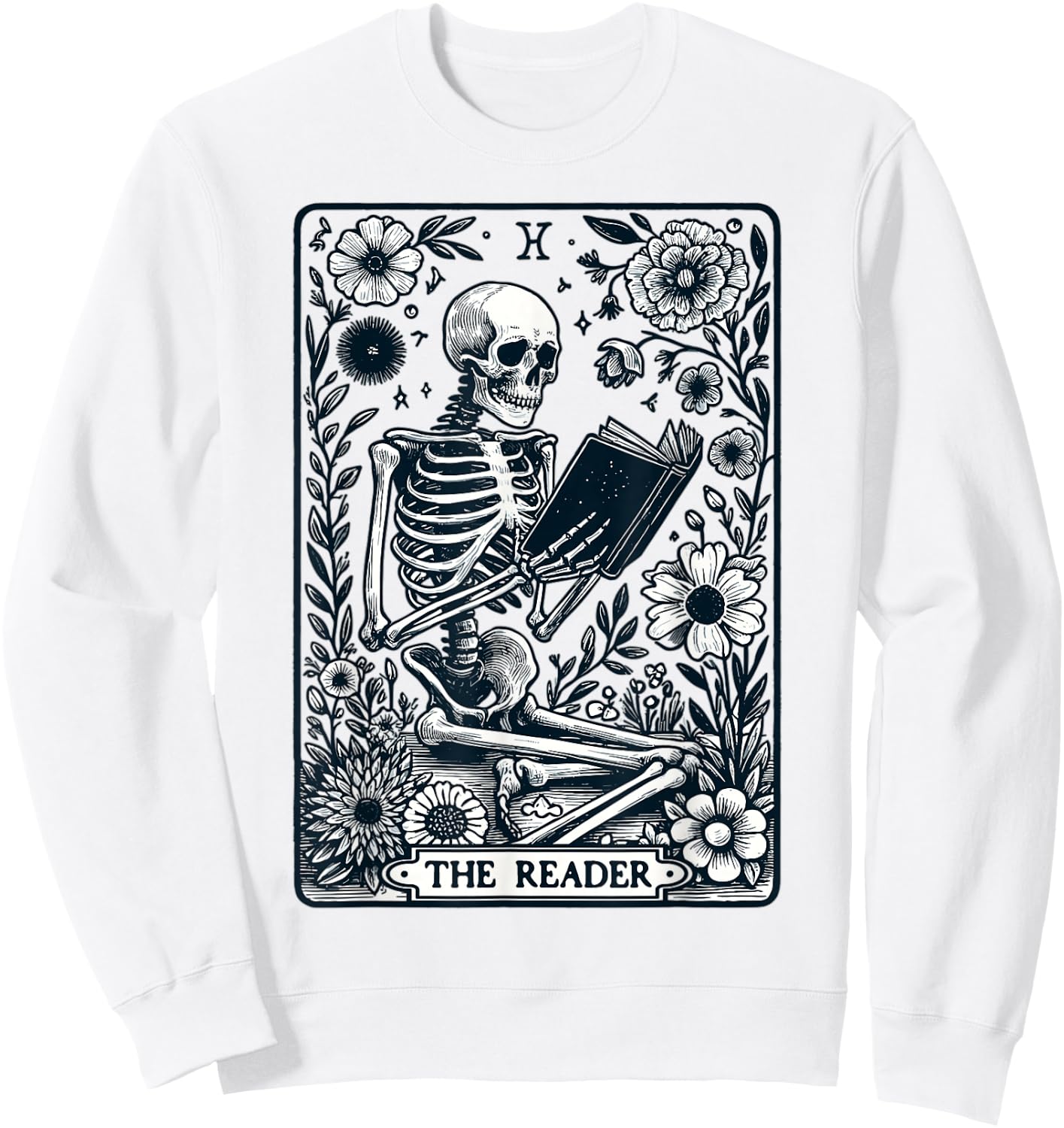 The Reader Skeleton Book Lover Tarot Card Reading Funny Book Sweatshirt - Sweatshirt | White