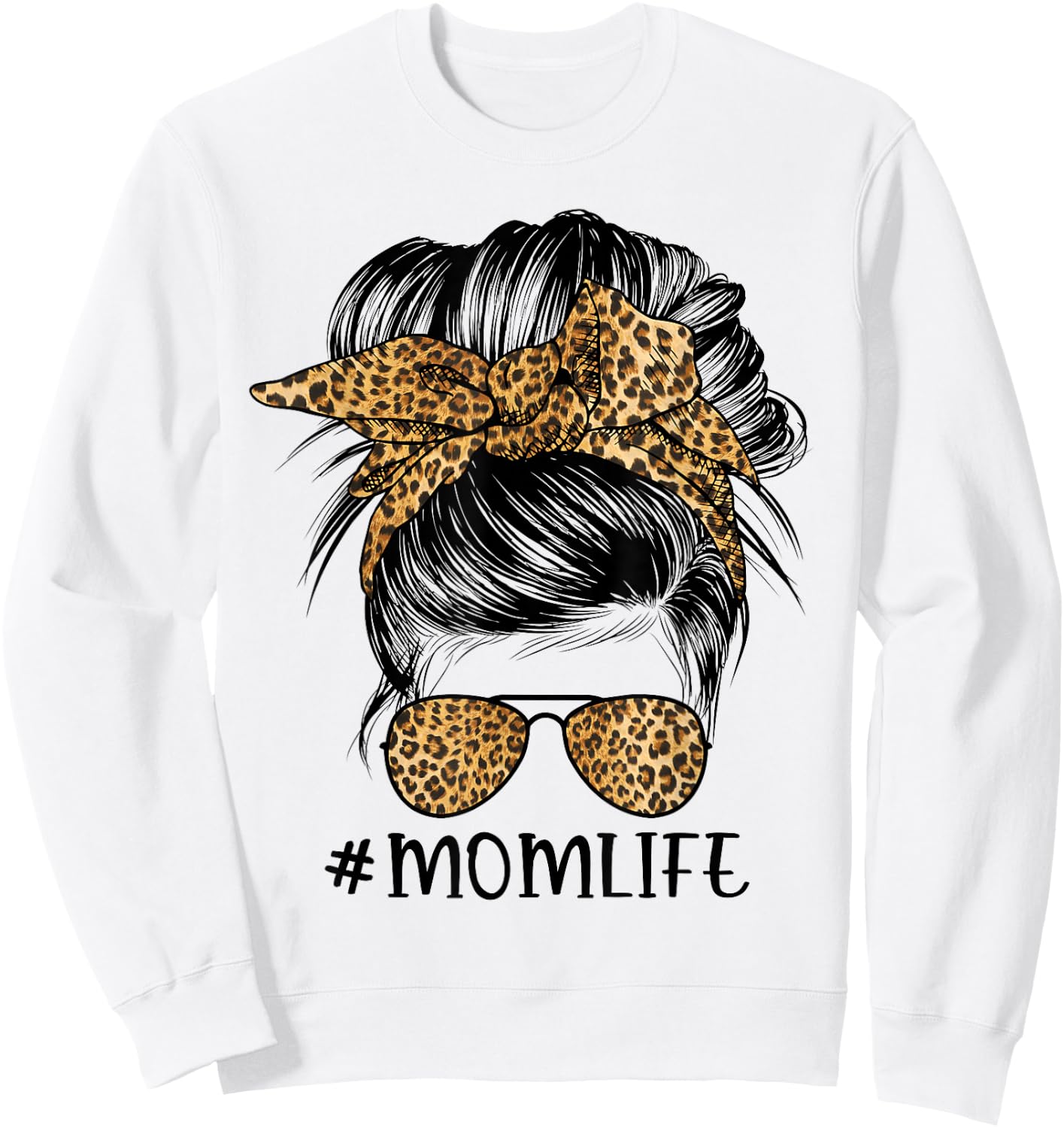 Mom Life Messy Bun Hair Bandana Leopard Print Sweatshirt - Sweatshirt | White
