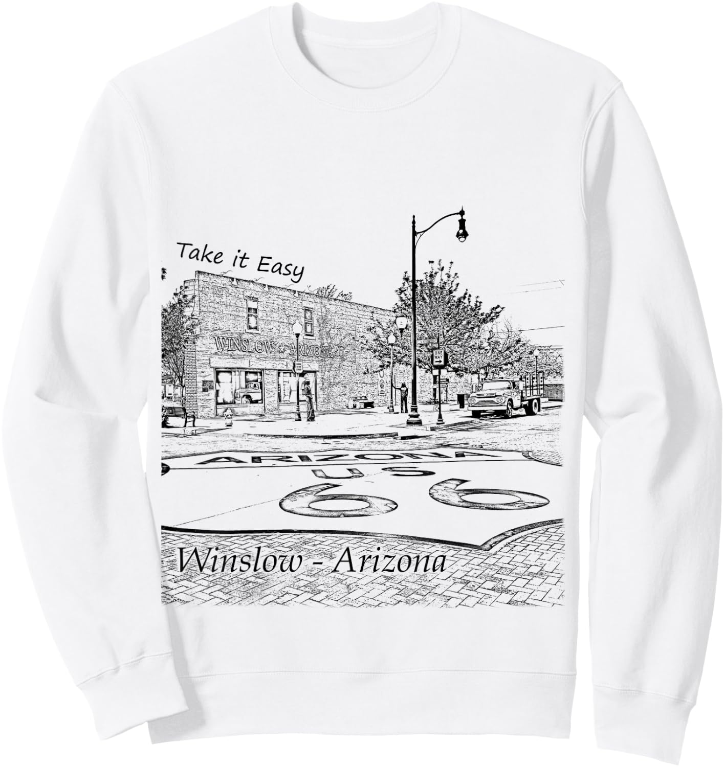 Winslow Arizona AZ US 66 take it Easy est. 1926 Mother Road Sweatshirt - Sweatshirt | White