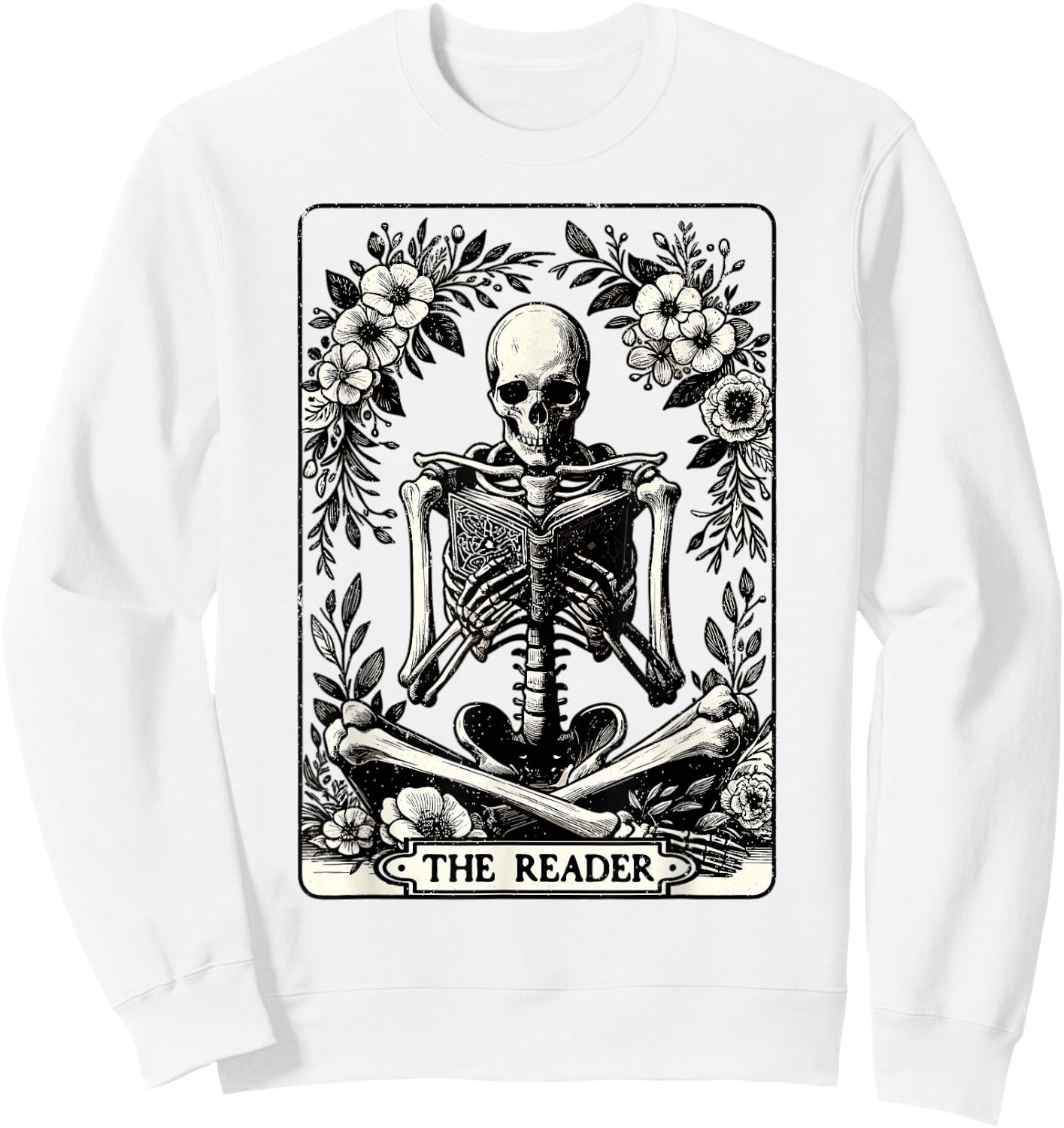 The Reader Tarot Card Funny Book Lover Skeleton Reading Book Sweatshirt - Sweatshirt | White