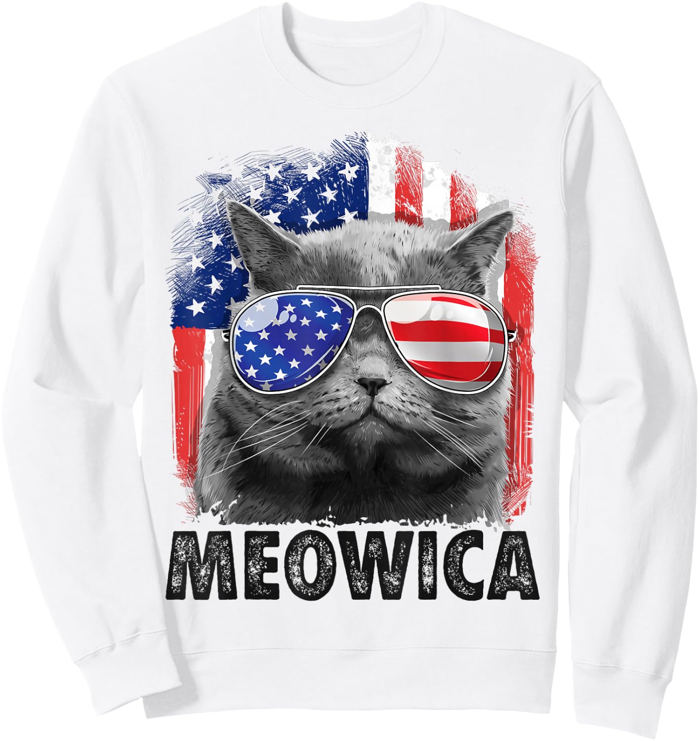 Cat 4th of July Shirts Meowica Merica Men USA American Flag Sweatshirt - Sweatshirt | White
