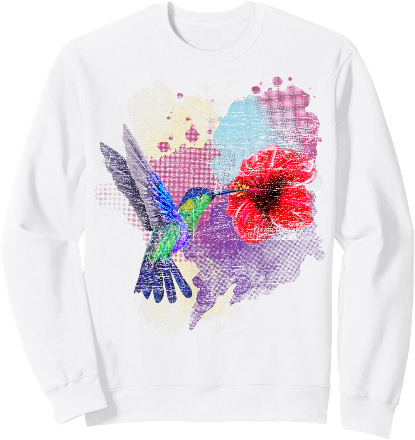 Vintage Pretty Bird Animal Hibiscus Flower Hummingbird Sweatshirt - Sweatshirt | White