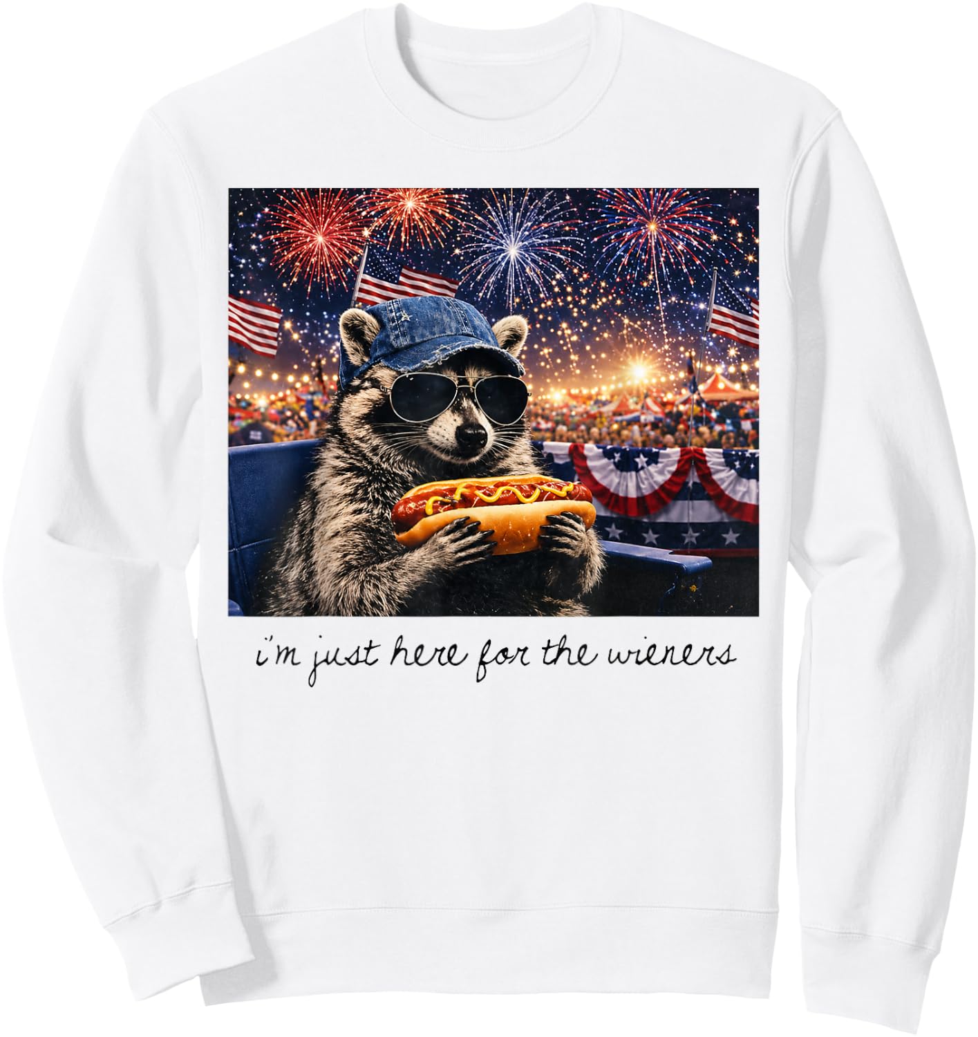 I'm Just Here for The Wieners Funny Raccoon Hot Dog Art Sweatshirt - Sweatshirt | White
