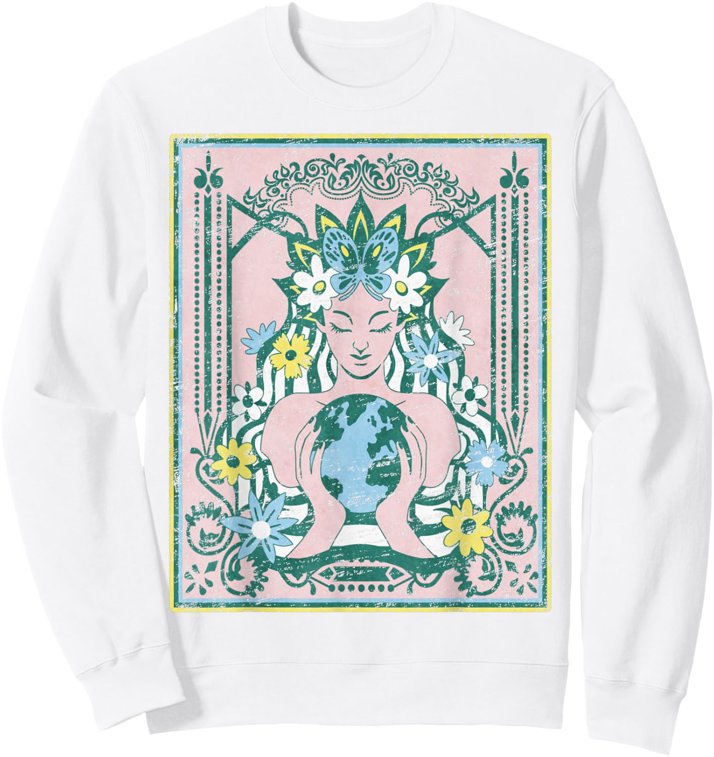 Mother Planet Earth Day Nature Vintage Art Nouveau Hippie Sweatshirt - Sweatshirt | White