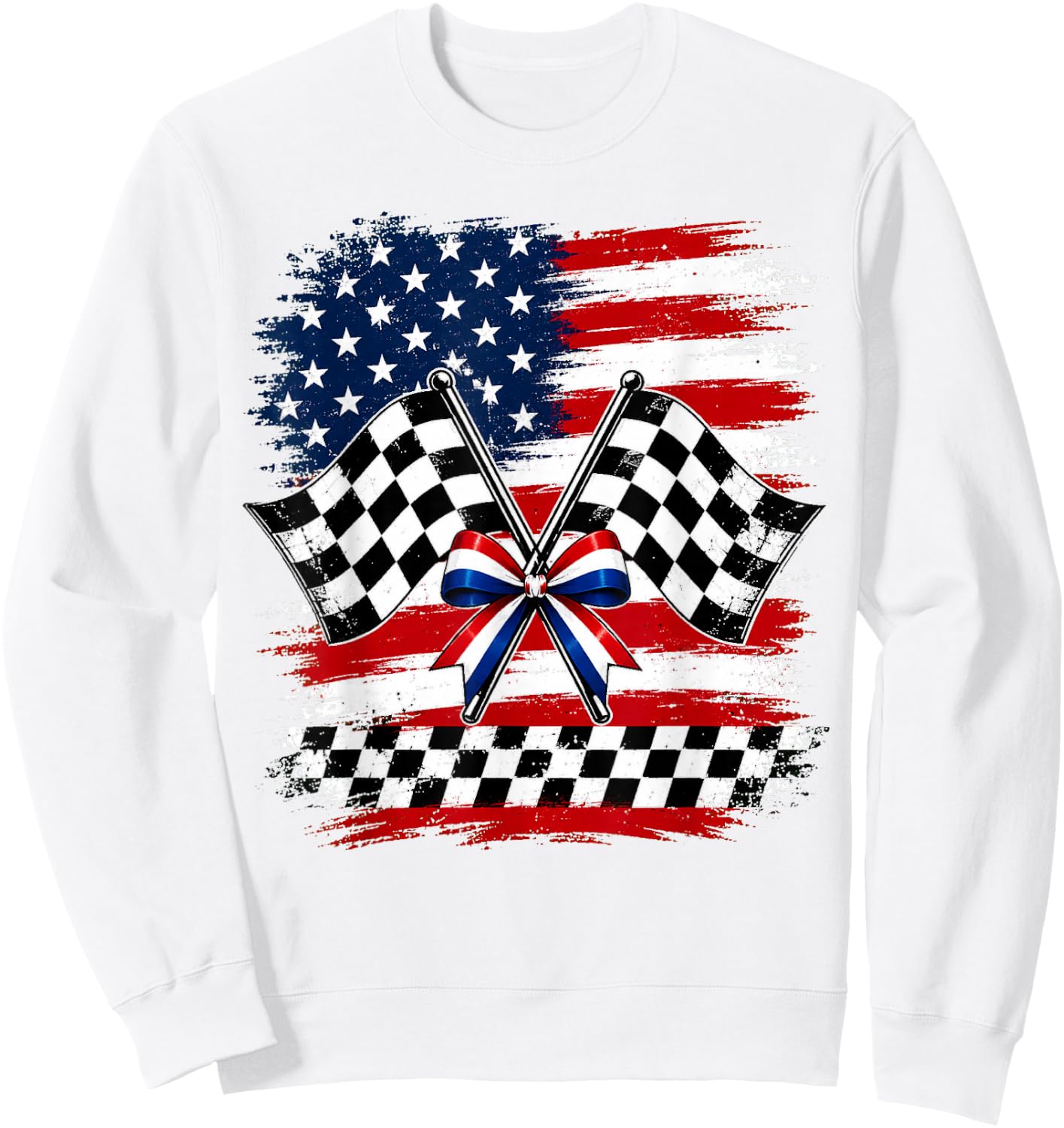 4th of July USA Patriotic Racing Flags Checkered Race Day Sweatshirt - Sweatshirt | White