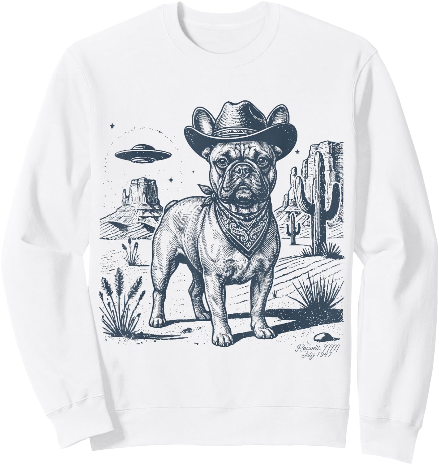 Vintage Alien UFO Western Cowboy French Bulldog Dog Desert Sweatshirt - Sweatshirt | White