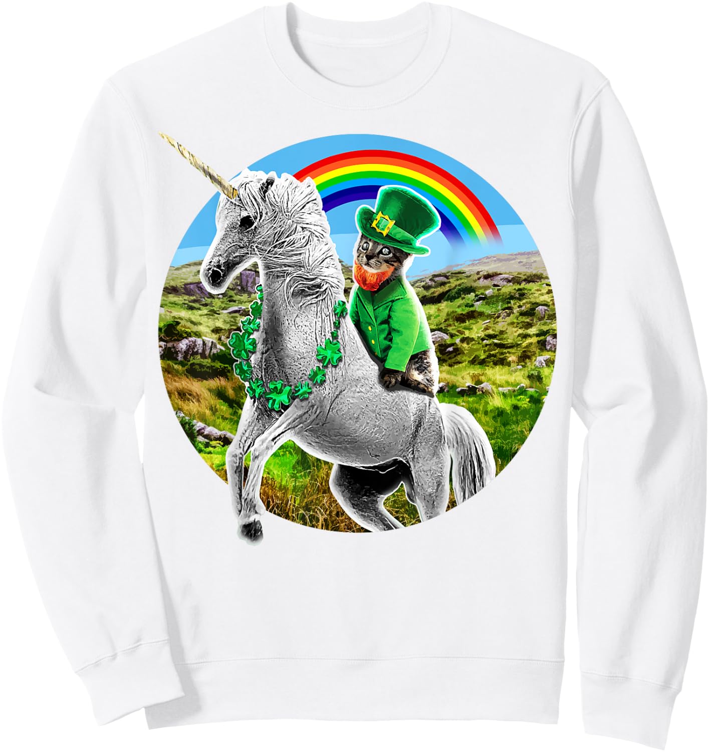 St. Patricks Day Unicorn Rainbow Leprechaun Cat Shirt Gift Sweatshirt - Sweatshirt | White