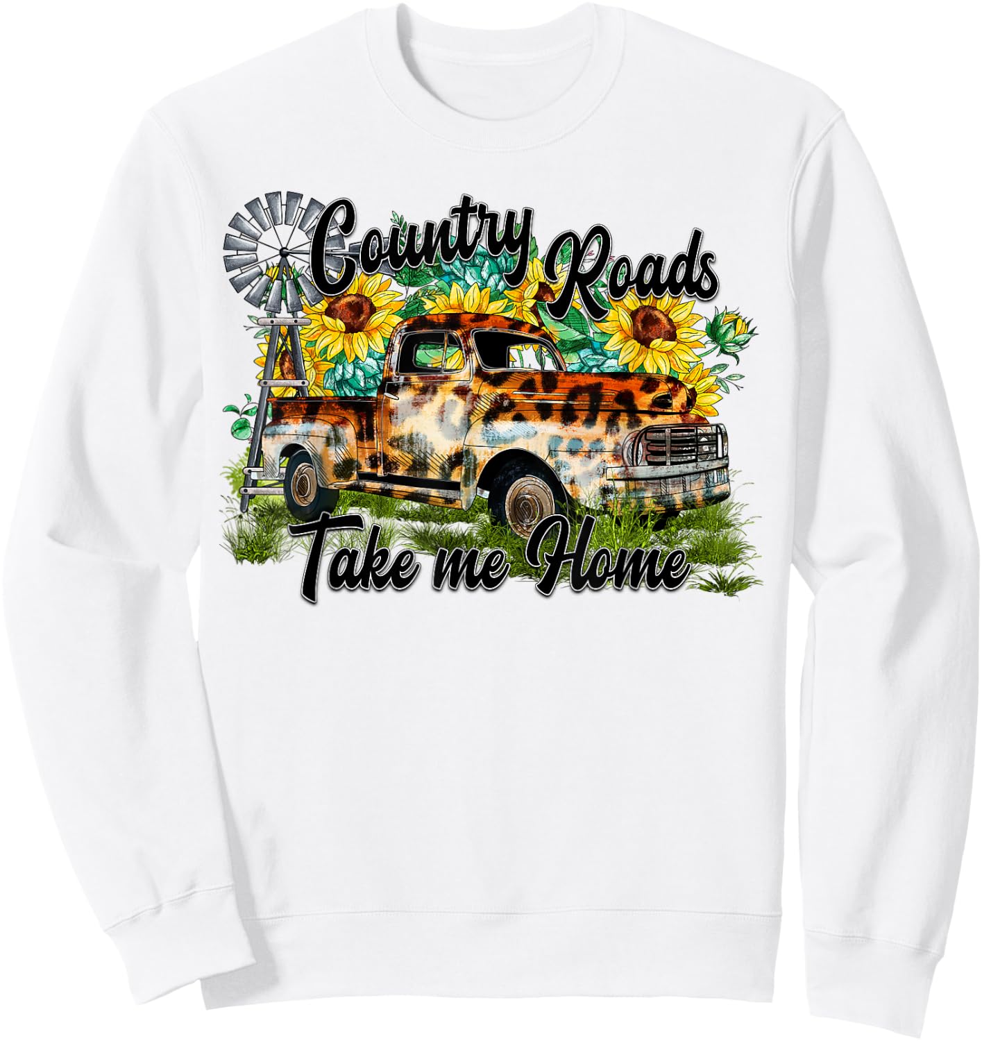 Country Roads Leopard Truck Sunflower Windmill Western Sweatshirt - Sweatshirt | White