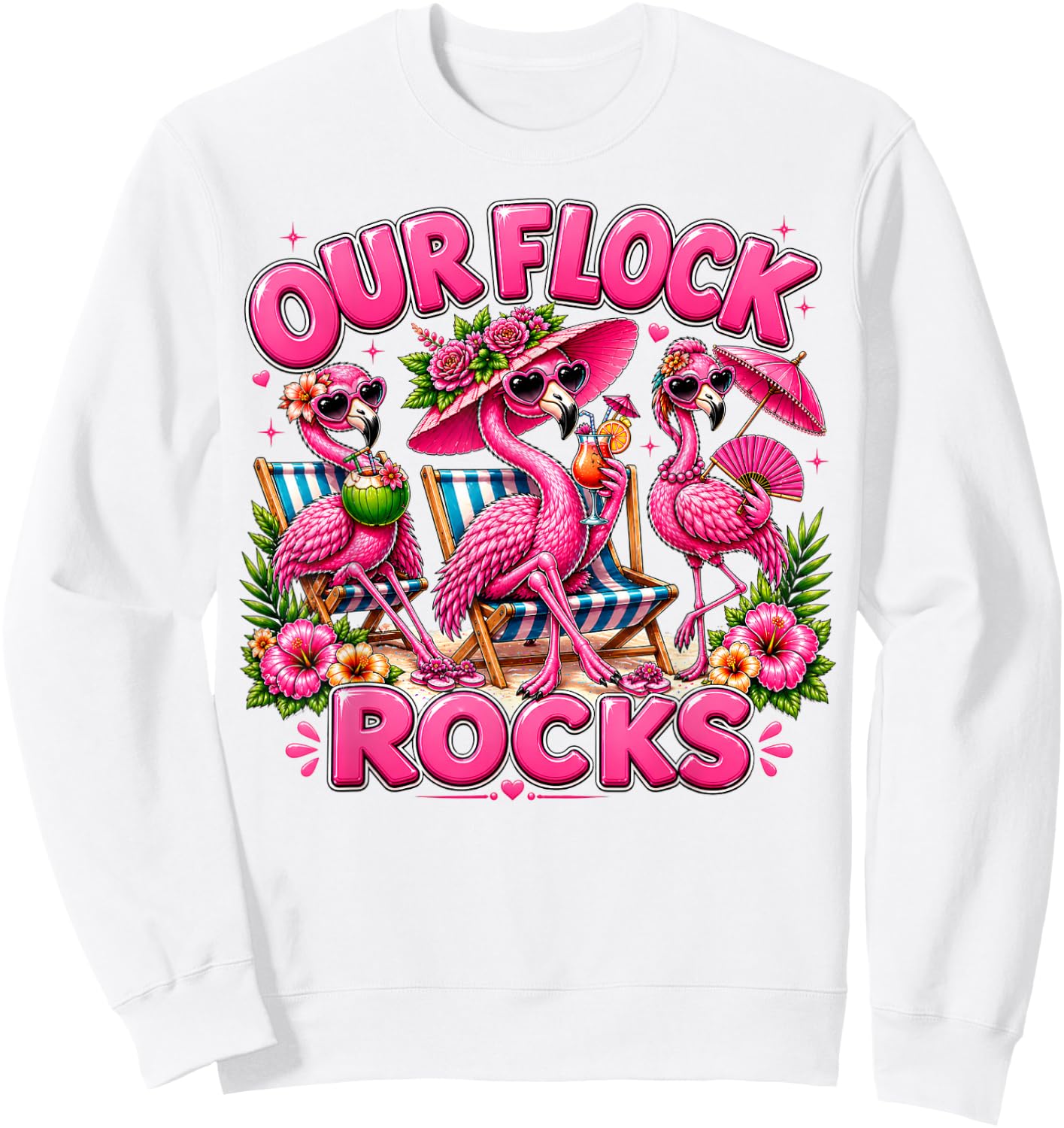 Our Flock Rocks Flamingo Summer Vacation Family Matching Sweatshirt - Sweatshirt | White