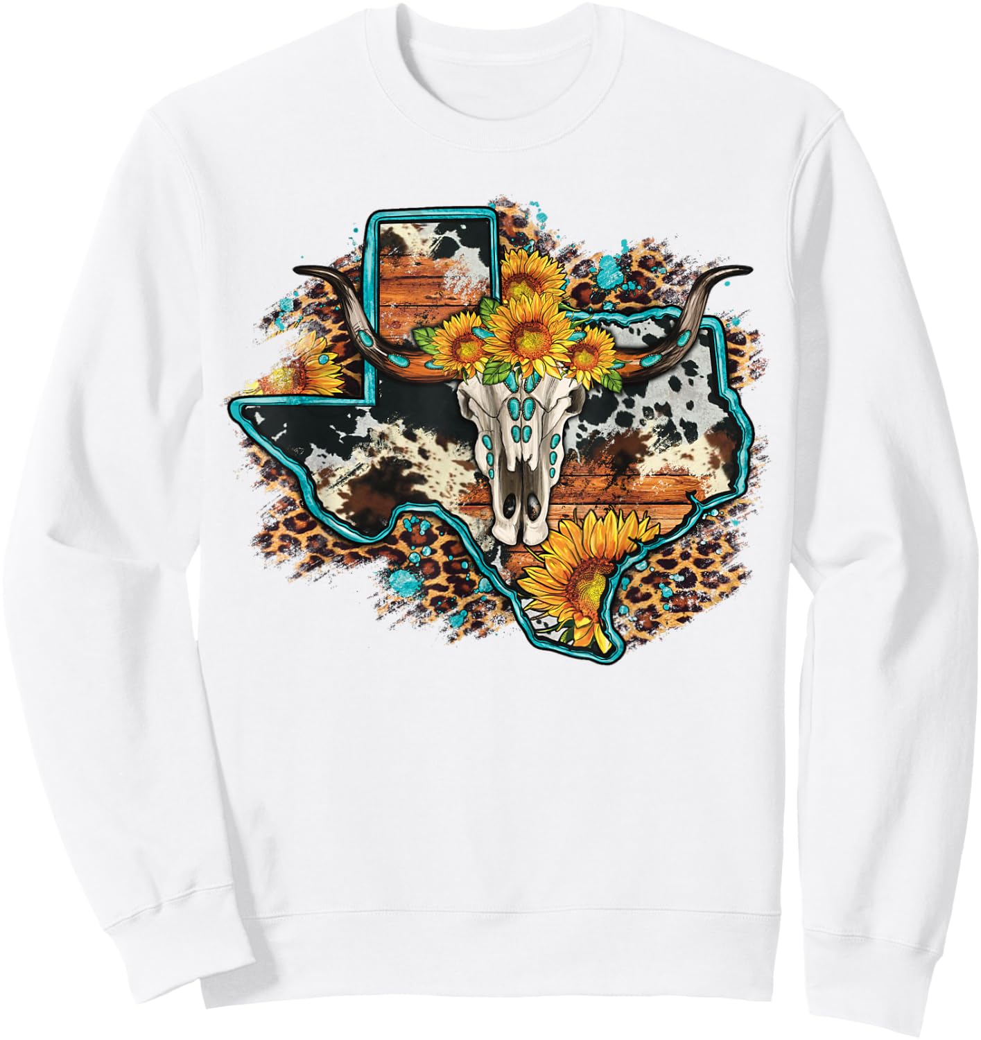 Bull Skull Leopard Cowhide Sunflower Texas Map Western Sweatshirt - Sweatshirt | White