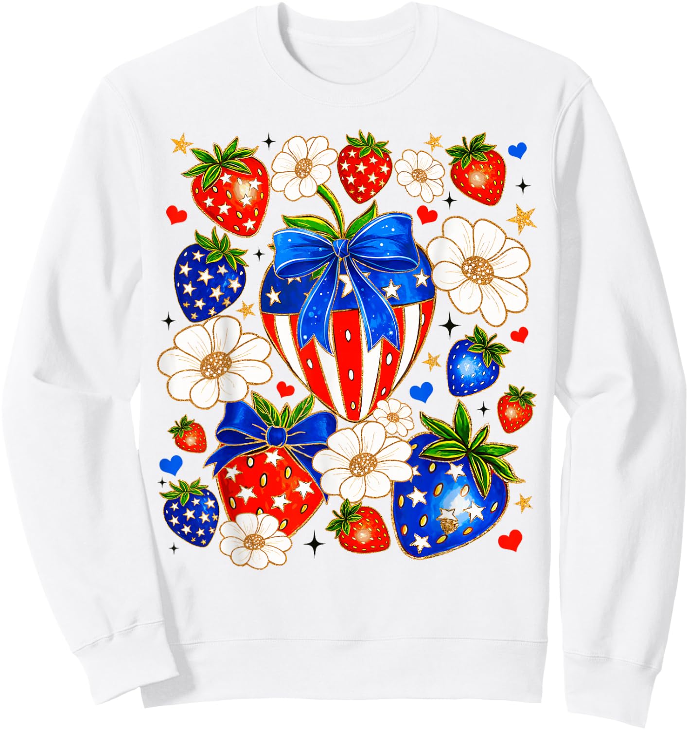 Cute Strawberries Bow USA Flag Independence Day 4th Of July Sweatshirt - Sweatshirt | White