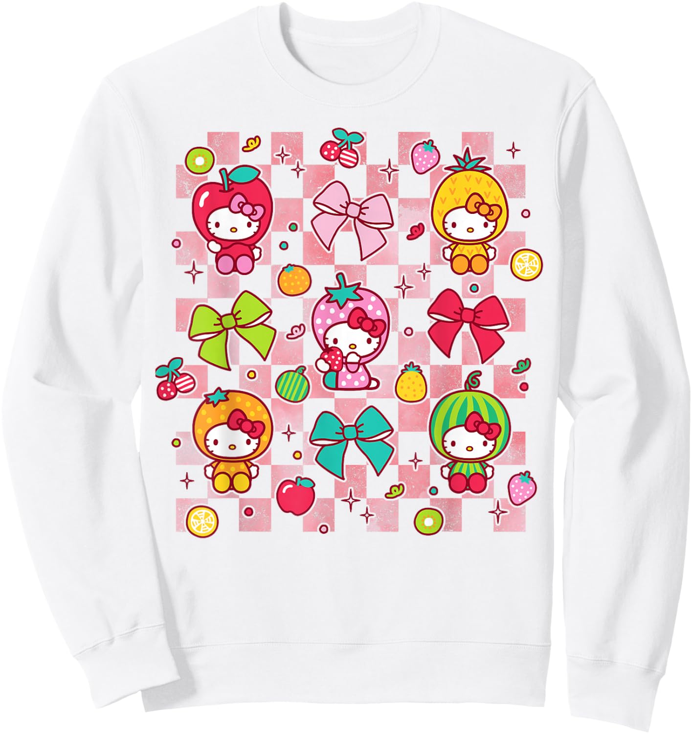 Hello Kitty Bows and Fruit Costumes Chekered Background Sweatshirt - Sweatshirt | White