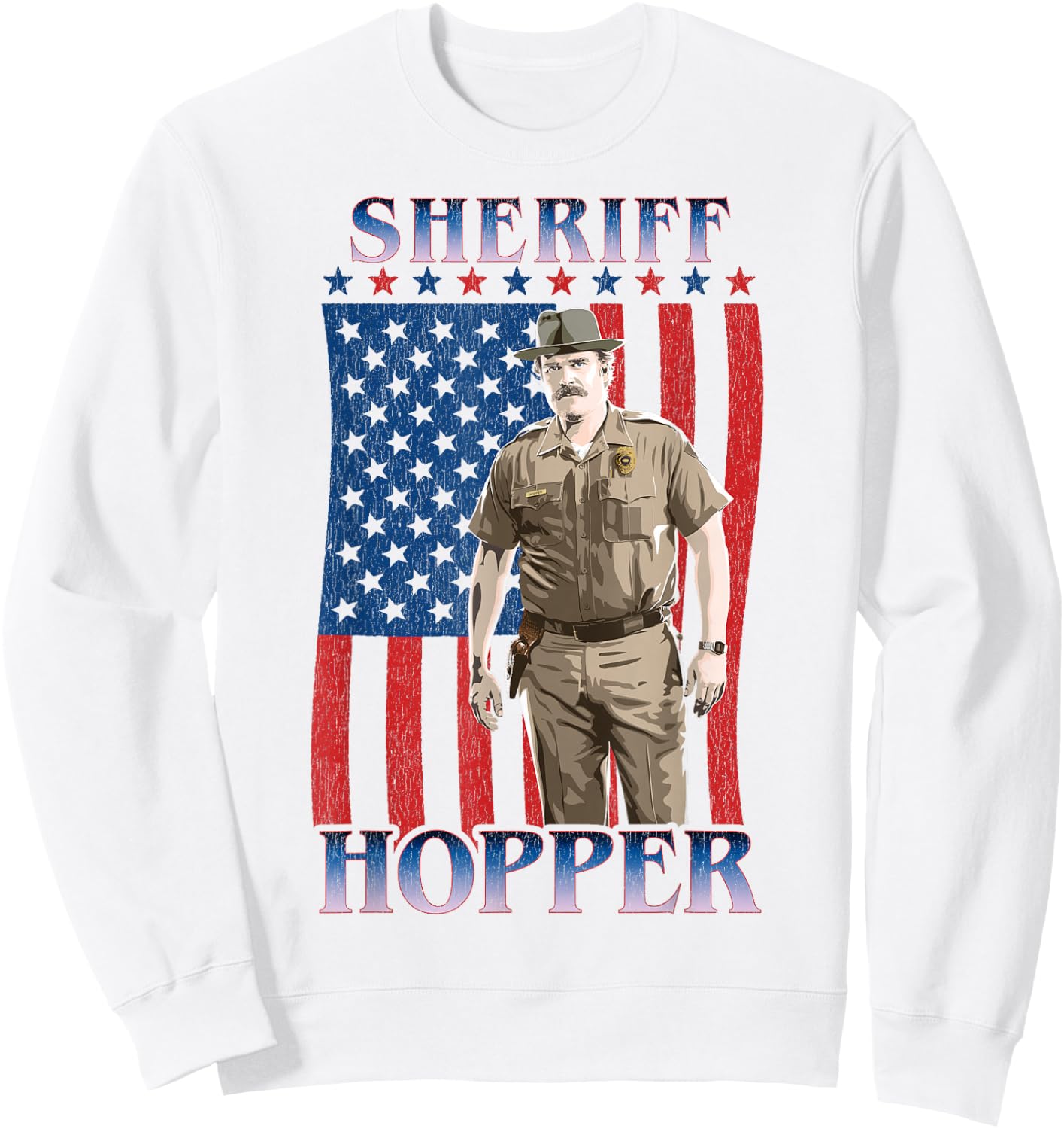 Stranger Things Sheriff Hopper American Flag Poster Sweatshirt - Sweatshirt | White