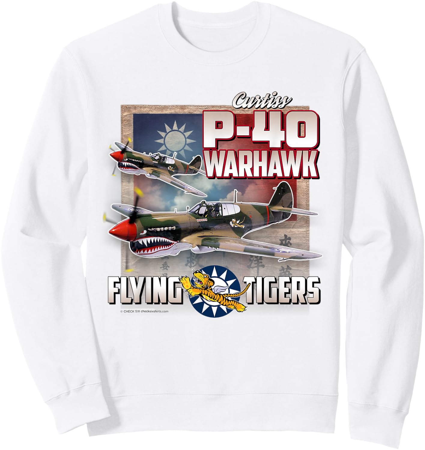 Check Six Military Aviation Store: P-40 Warhawk Flying Tigers - Men's Grey Classic Fit Short Sleeve Sweatshirt - Sweatshirt | White