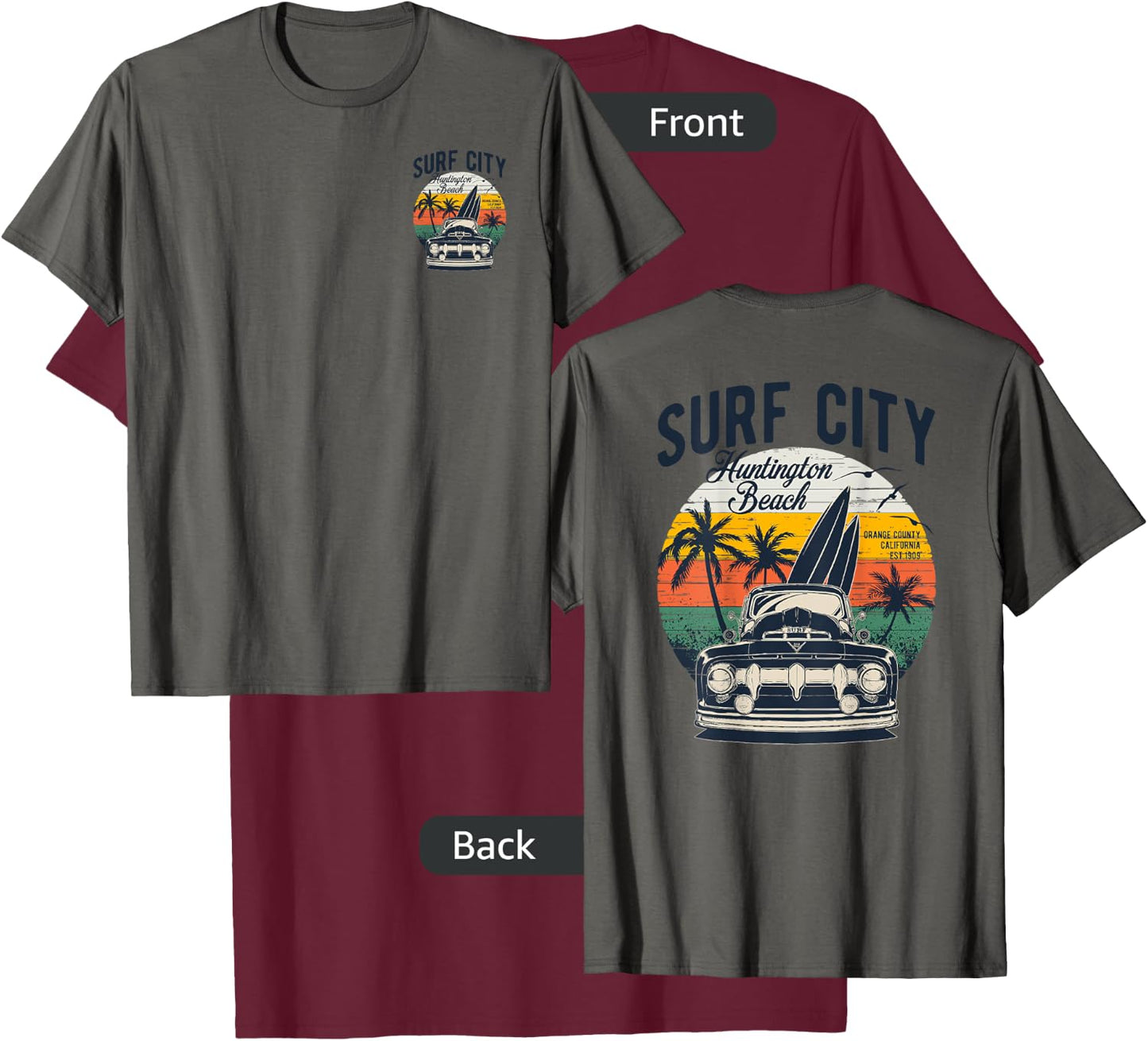 2-Sided Surf City Huntington Beach Retro Sunset '50s Truck T-Shirt - T-Shirt | Maroon