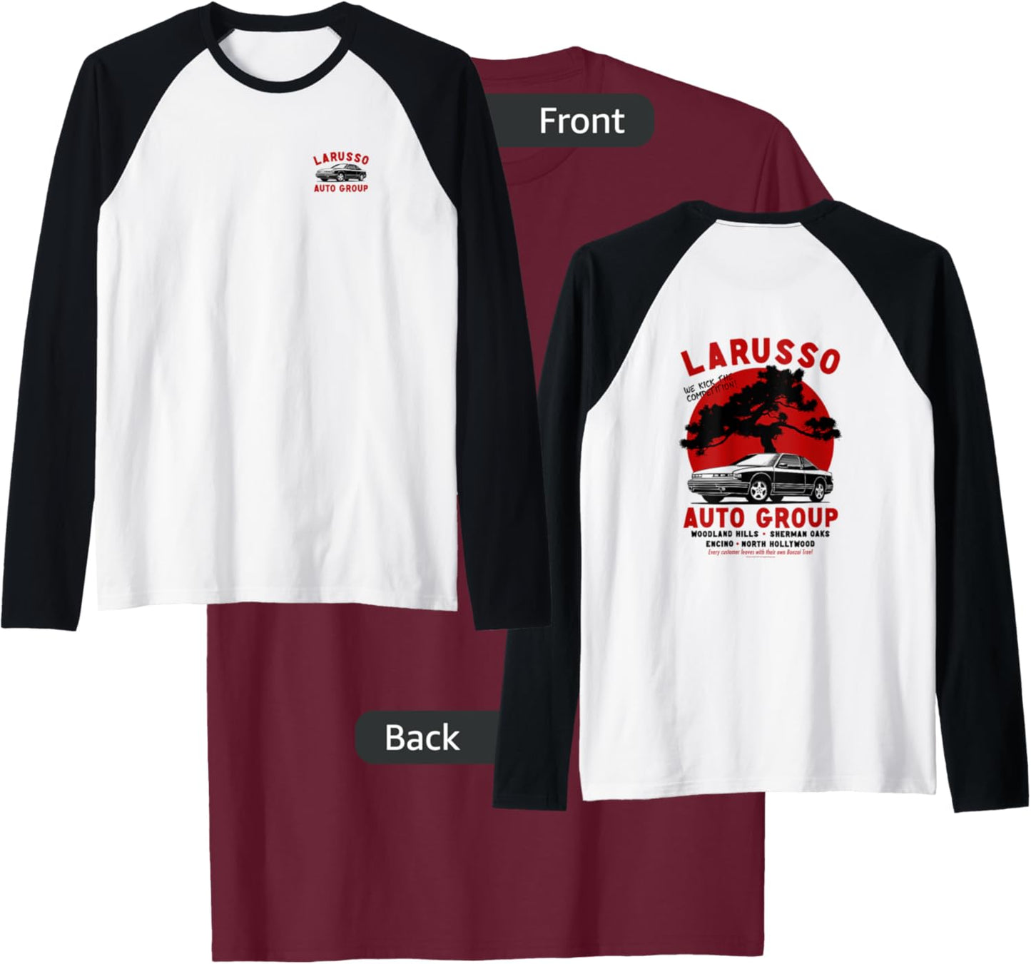Cobra Kai Retro LaRusso Auto Group Ad Front and Back Raglan Baseball T-Shirt - T-Shirt | Maroon