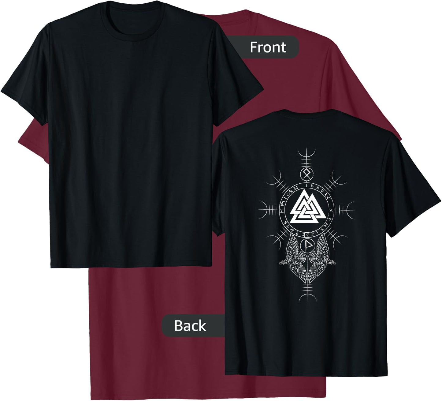 Classic Viking Symbols - Valknut - Aegishjalmur (on back) T-Shirt - T-Shirt | Maroon