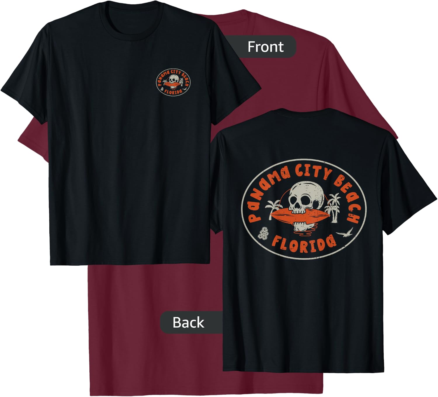 Panama City Beach Florida FL Retro Surfer Beach Front & Back T-Shirt - T-Shirt | Maroon