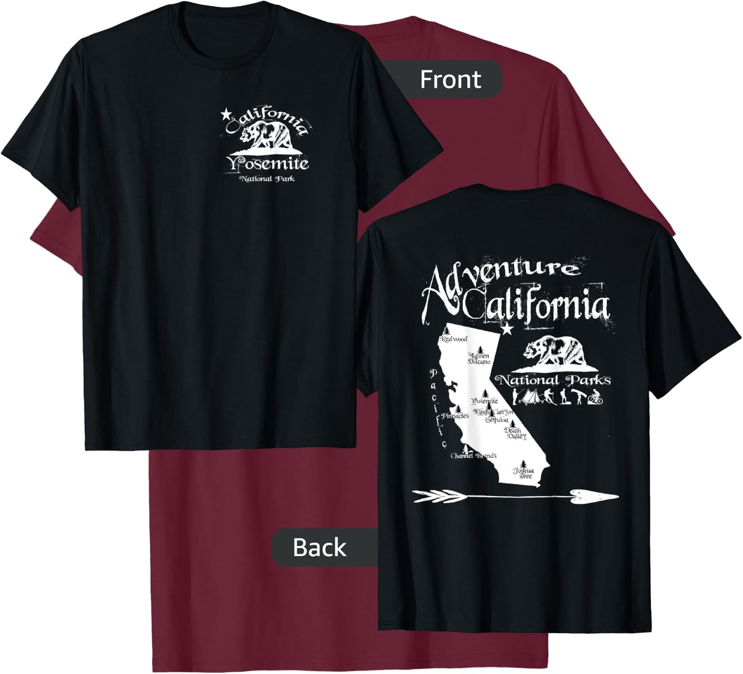 Yosemite California National Parks Map Front & Back Souvenir T-Shirt - T-Shirt | Maroon