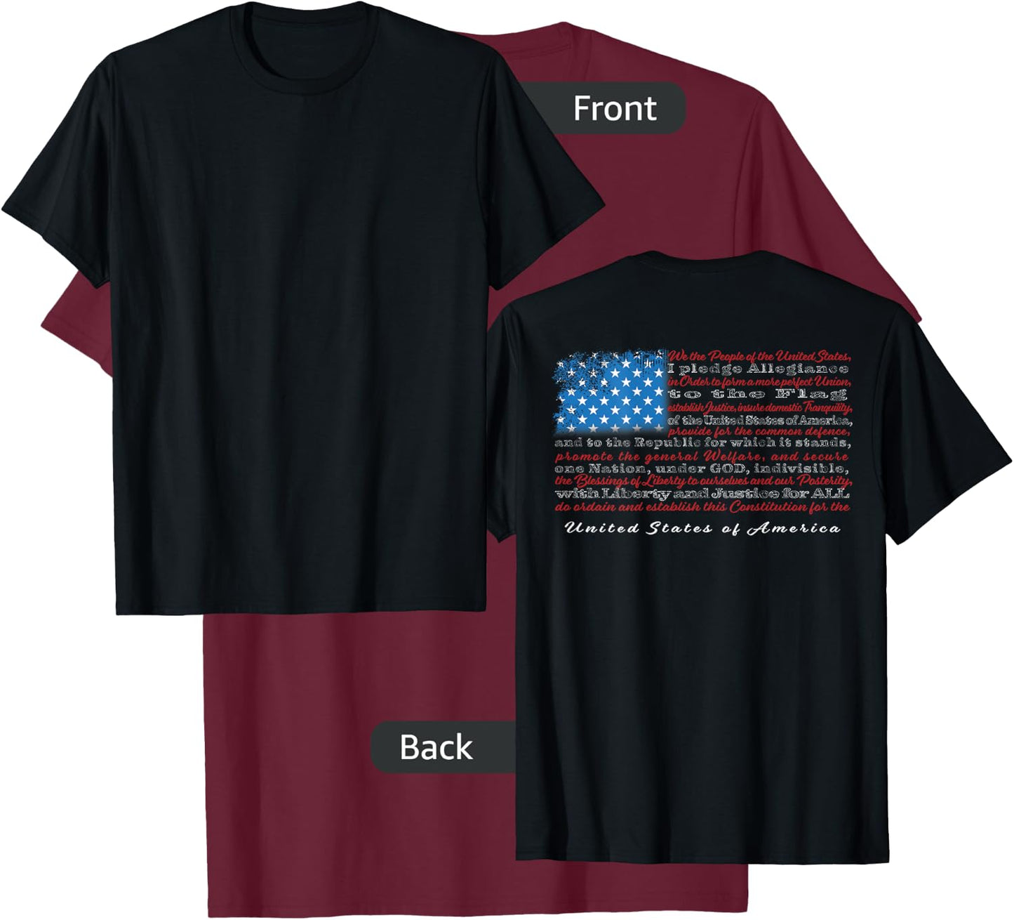 US Flag with Constitution Preamble and Pledge of Allegiance T-Shirt - T-Shirt | Maroon