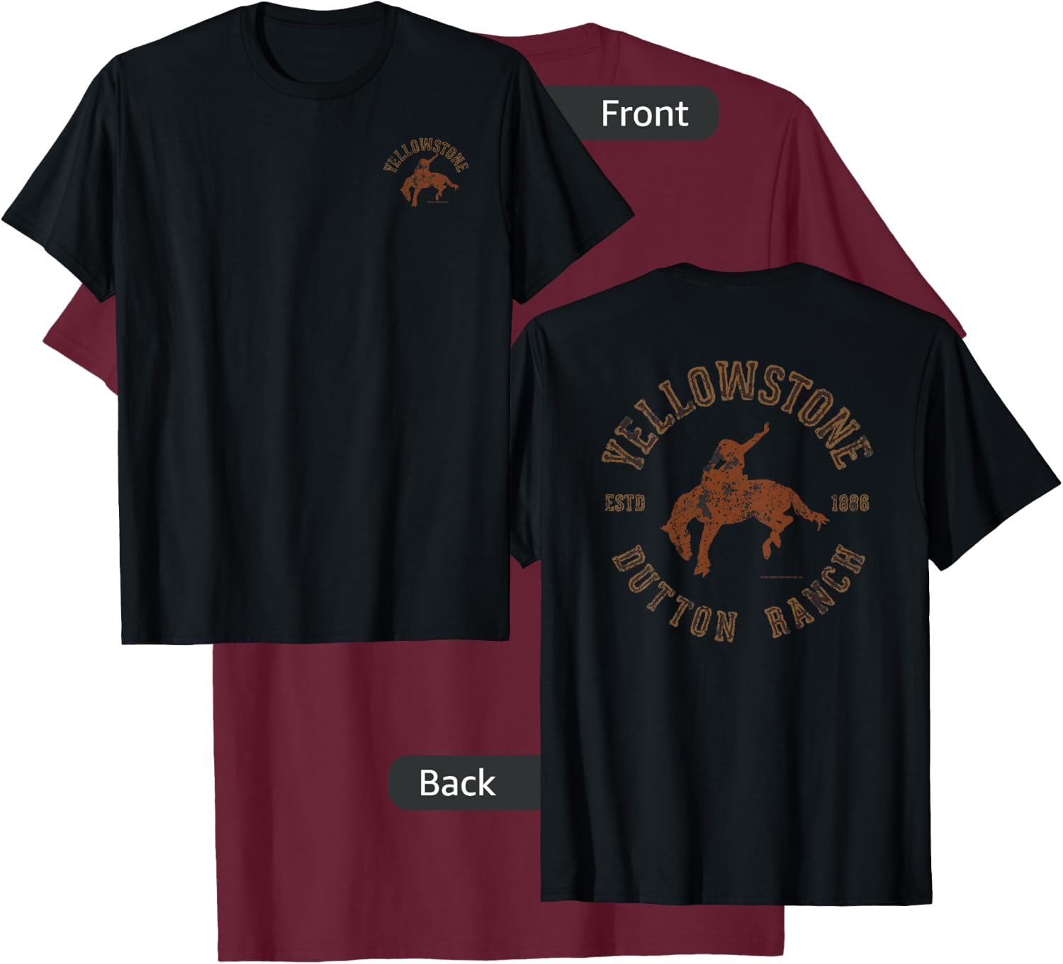 Yellowstone Dutton Ranch Cowboy Pocket Logo Front & Back Small T-Shirt - T-Shirt | Maroon