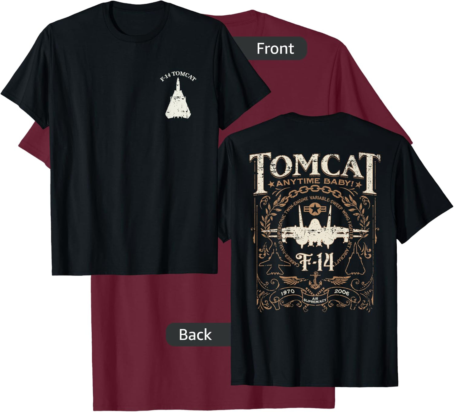 Distressed F-14 Tomcat Military Fighter Jet Front and Back T-Shirt - T-Shirt | Maroon