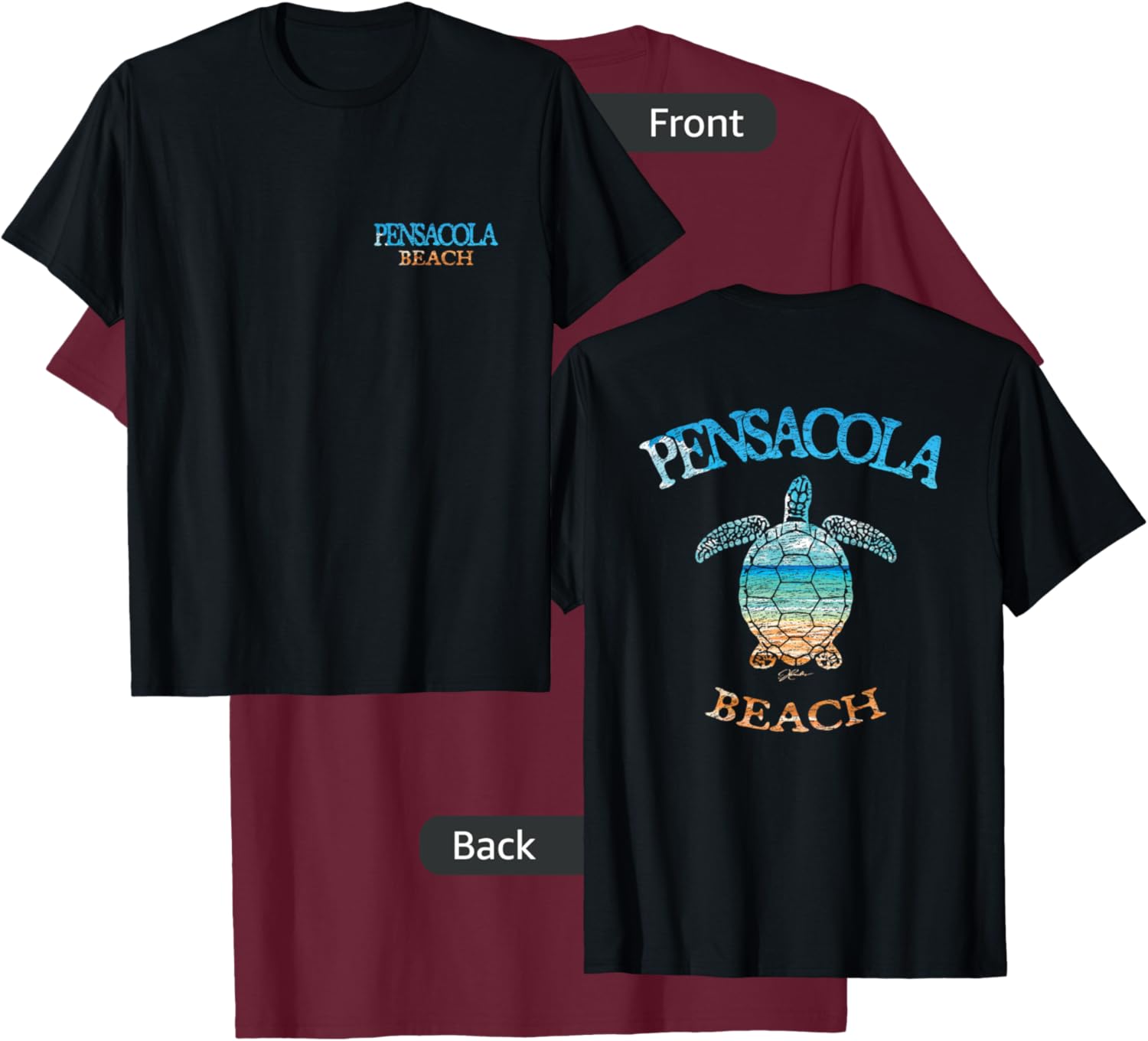 JCombs: Pensacola Beach, FL, Sea Turtle and Beach (2-Sided) T-Shirt - T-Shirt | Maroon