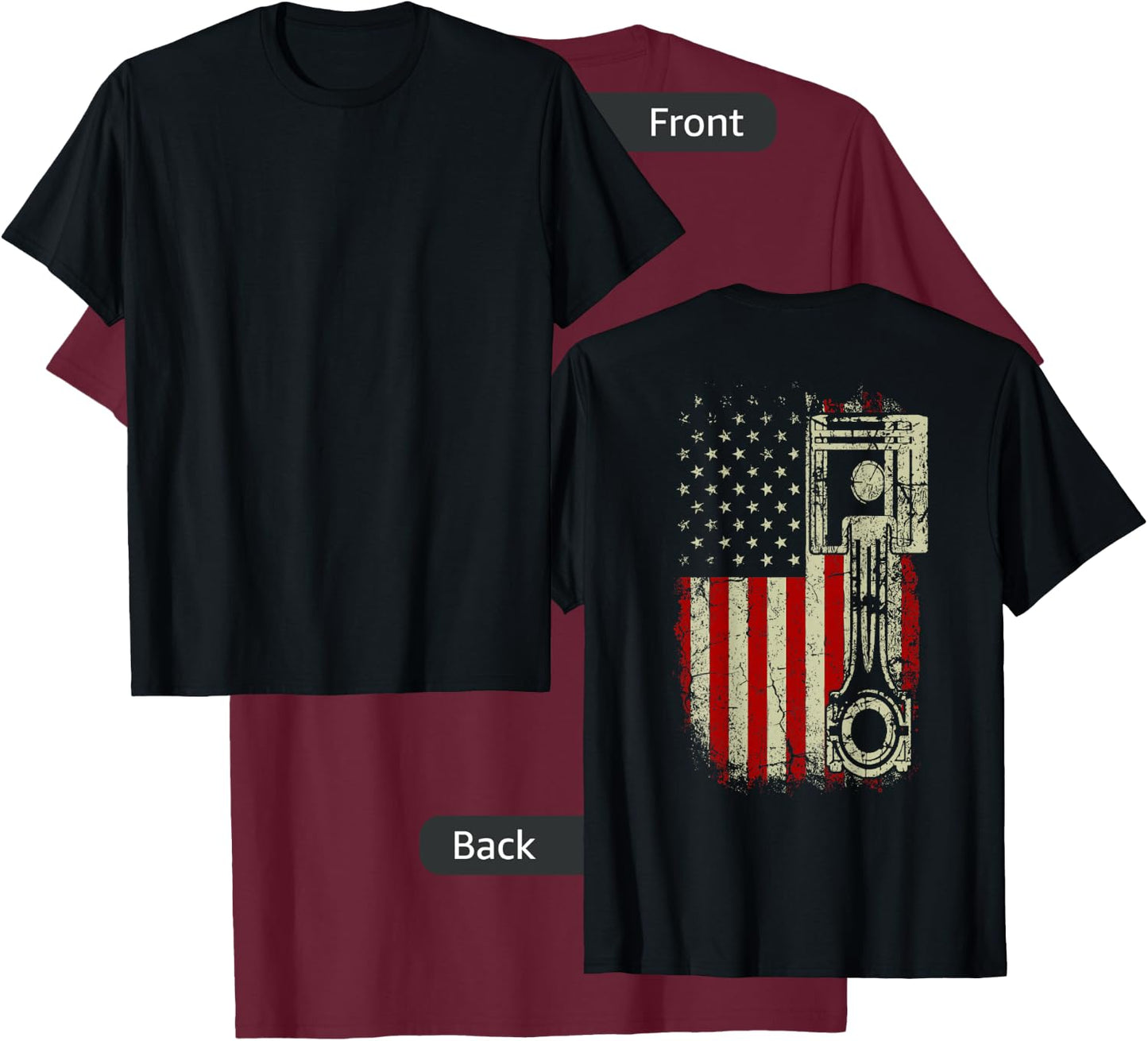 American Flag Piston Muscle Car Patriotic Vintage on Back T-Shirt - T-Shirt | Maroon