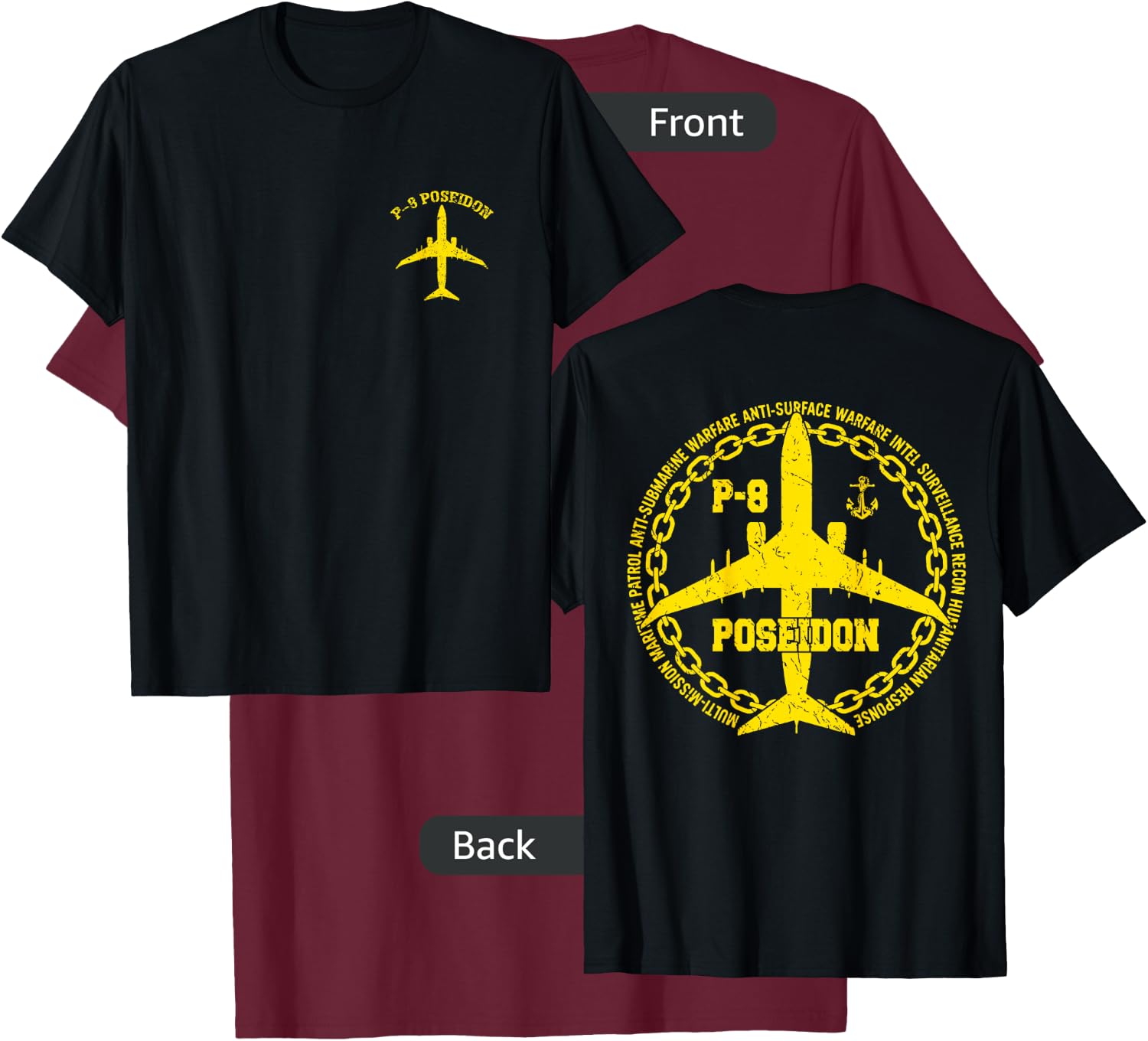 P-8 Poseidon Military Aircraft Vintage Distressed Design T-Shirt - T-Shirt | Maroon