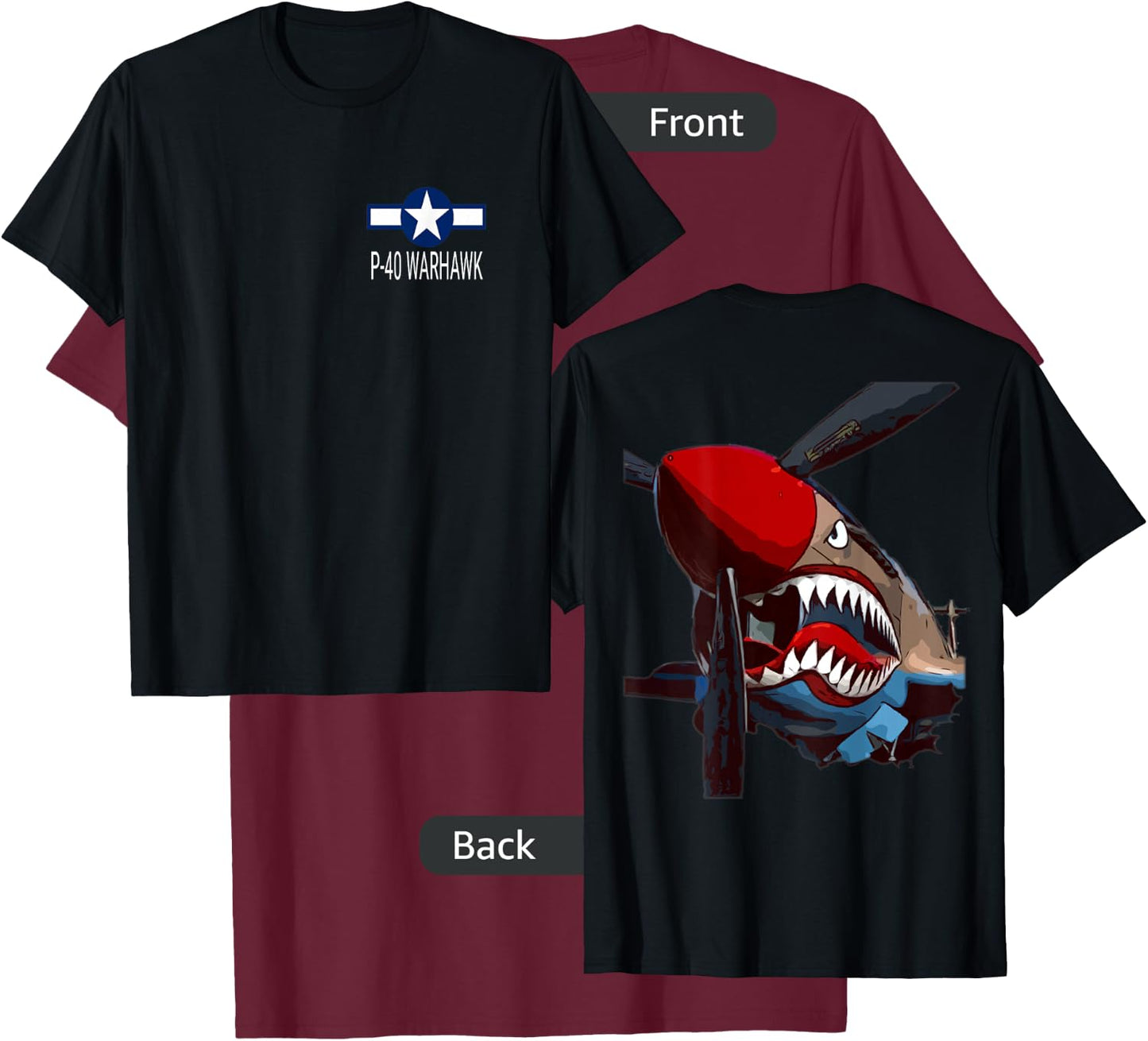 P-40 Warhawk Fighter Aircraft WW2 Airplane Military (DS) T-Shirt - T-Shirt | Maroon