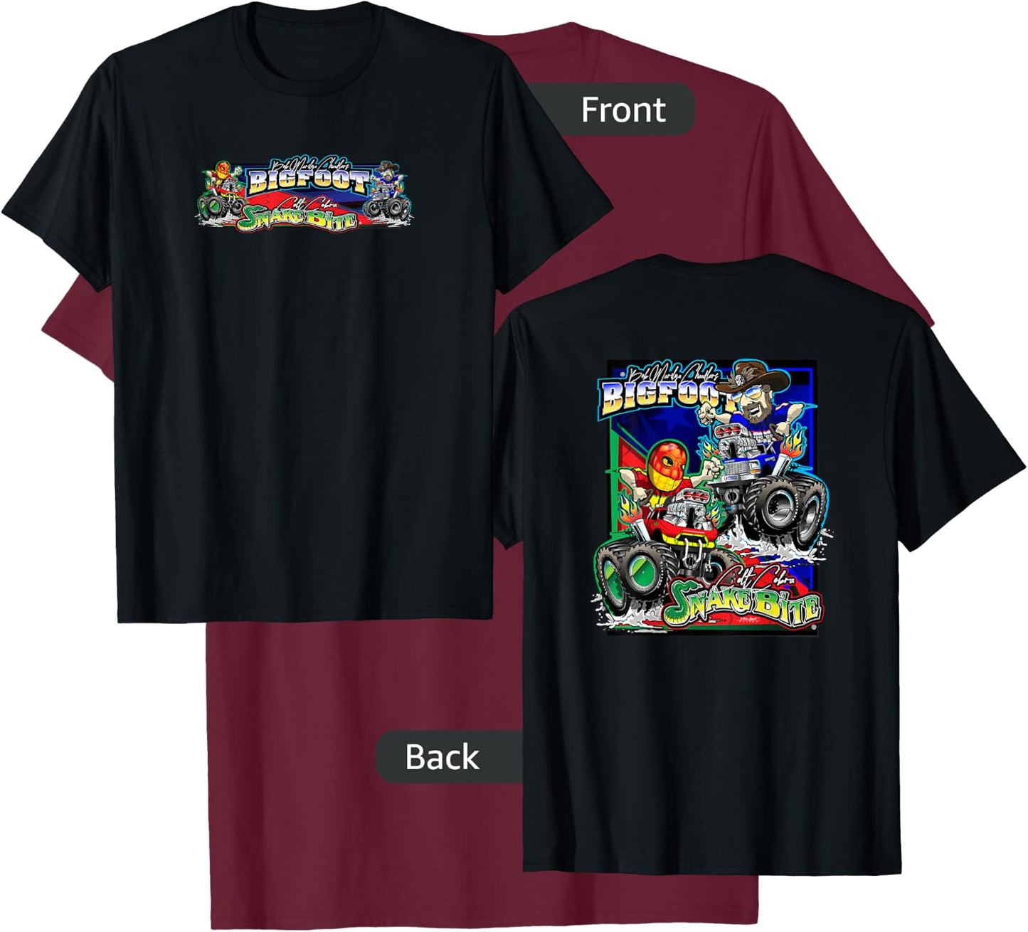BIGFOOT vs. SNAKE BITE Caricatures (2-Sided) T-Shirt - T-Shirt | Maroon