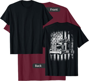 American Flag Big Rigs Semi Truck Driver Design On Back T-Shirt - T-Shirt | Maroon