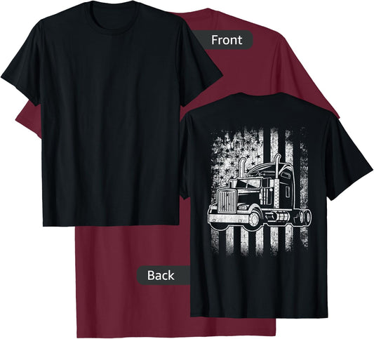 American Flag Big Rigs Semi Truck Driver Design On Back T-Shirt - T-Shirt | Maroon