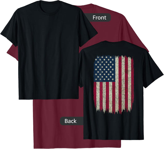 American Flag Vintage Distressed Design on Back USA Gift T-Shirt - T-Shirt | Maroon