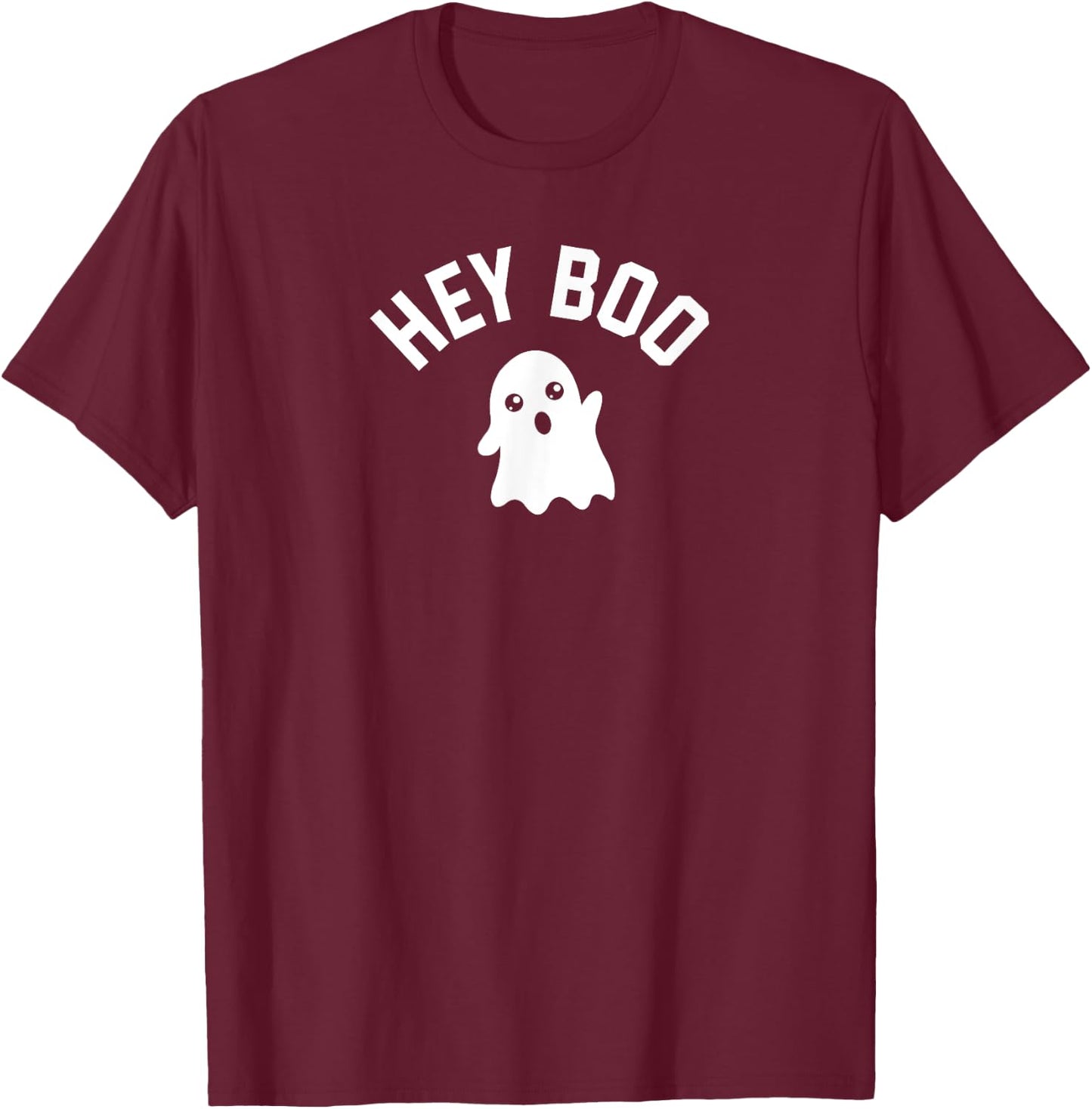 HEY BOO With Cute Ghost Illustration T-Shirt - T-Shirt | Maroon
