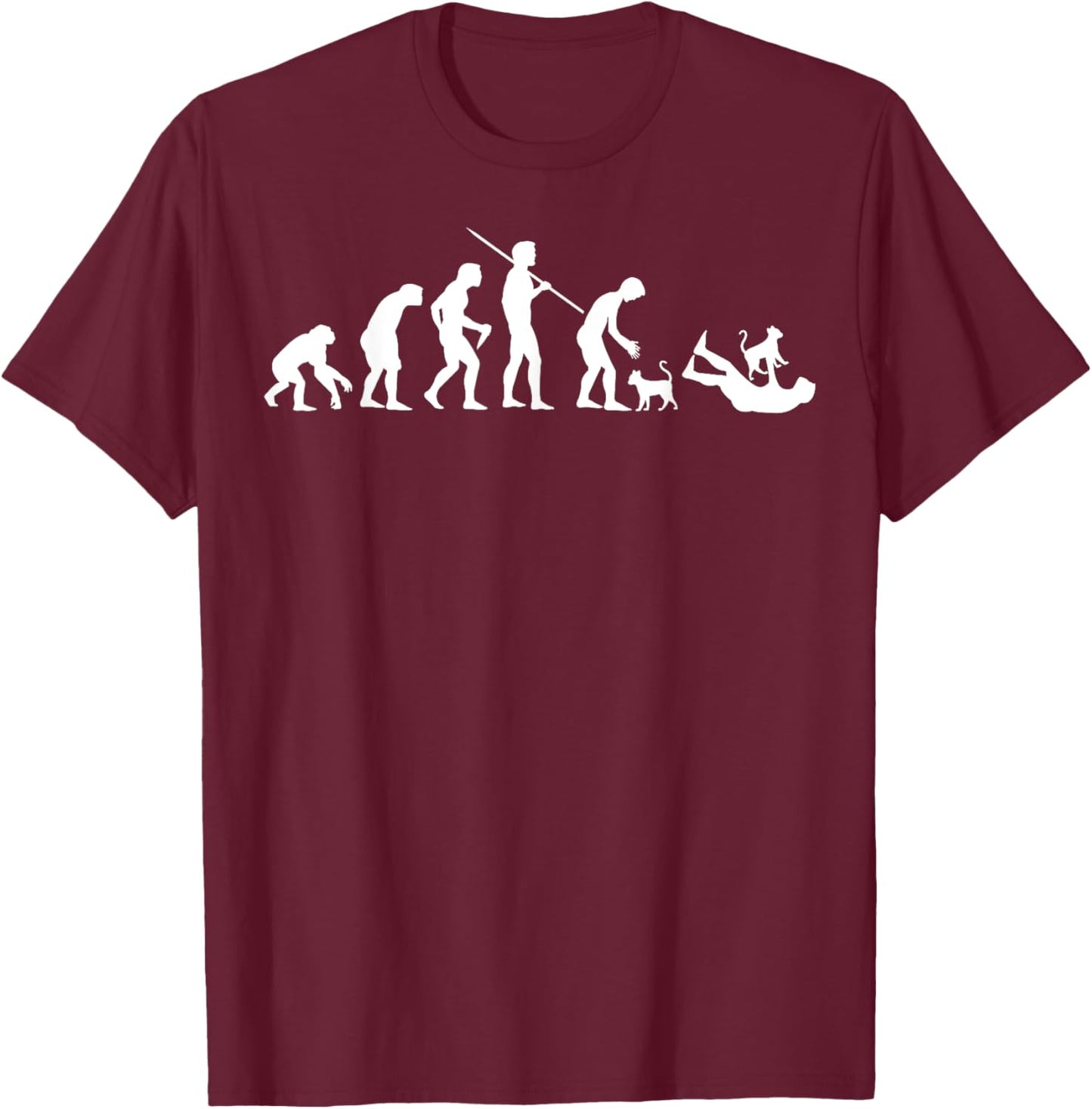Irreverent Evolution of Man with Cats -Adult Black Cartoon T-Shirt - T-Shirt | Maroon