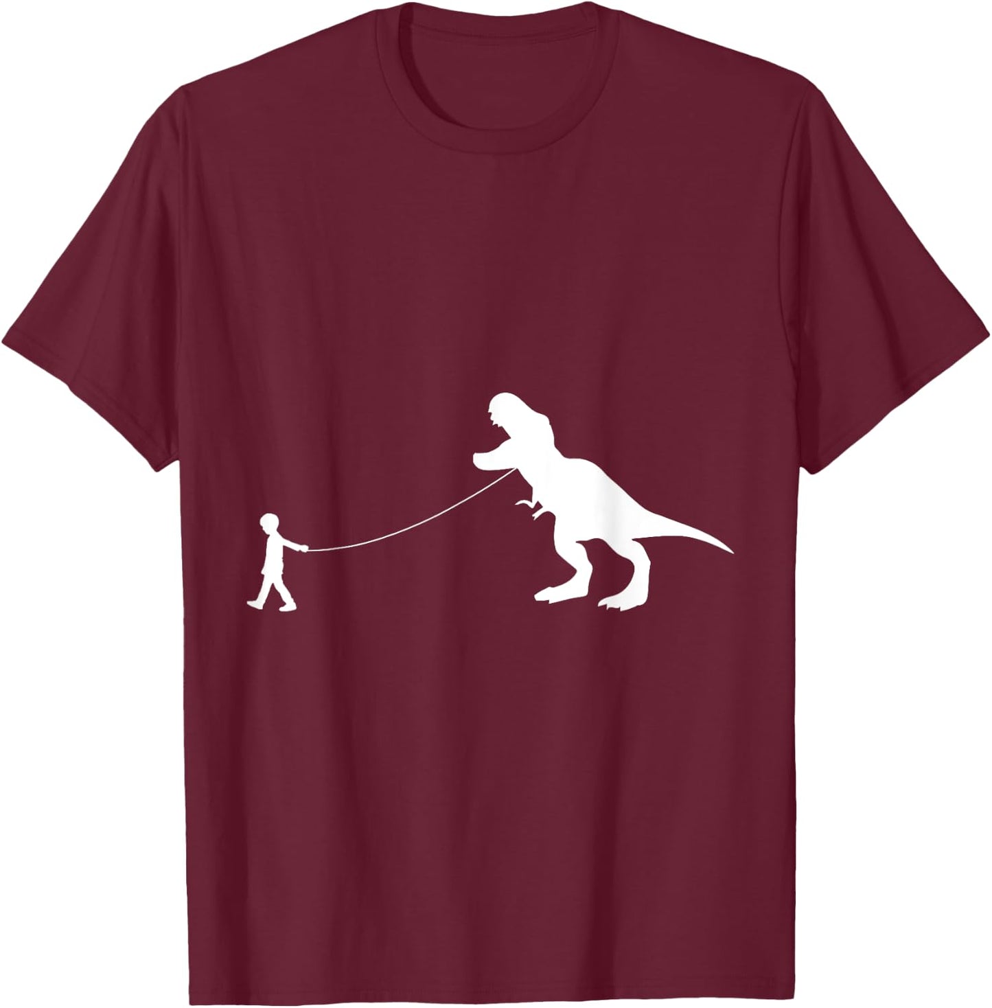 T-Rex Dinosaur Pet on a Leash led by a boy with rope in Hand T-Shirt - T-Shirt | Maroon