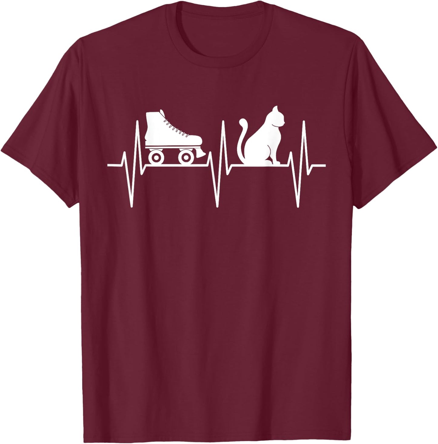 Roller Skate Shirt Funny Cat Lover Heartbeat Roller Skating T-Shirt - T-Shirt | Maroon
