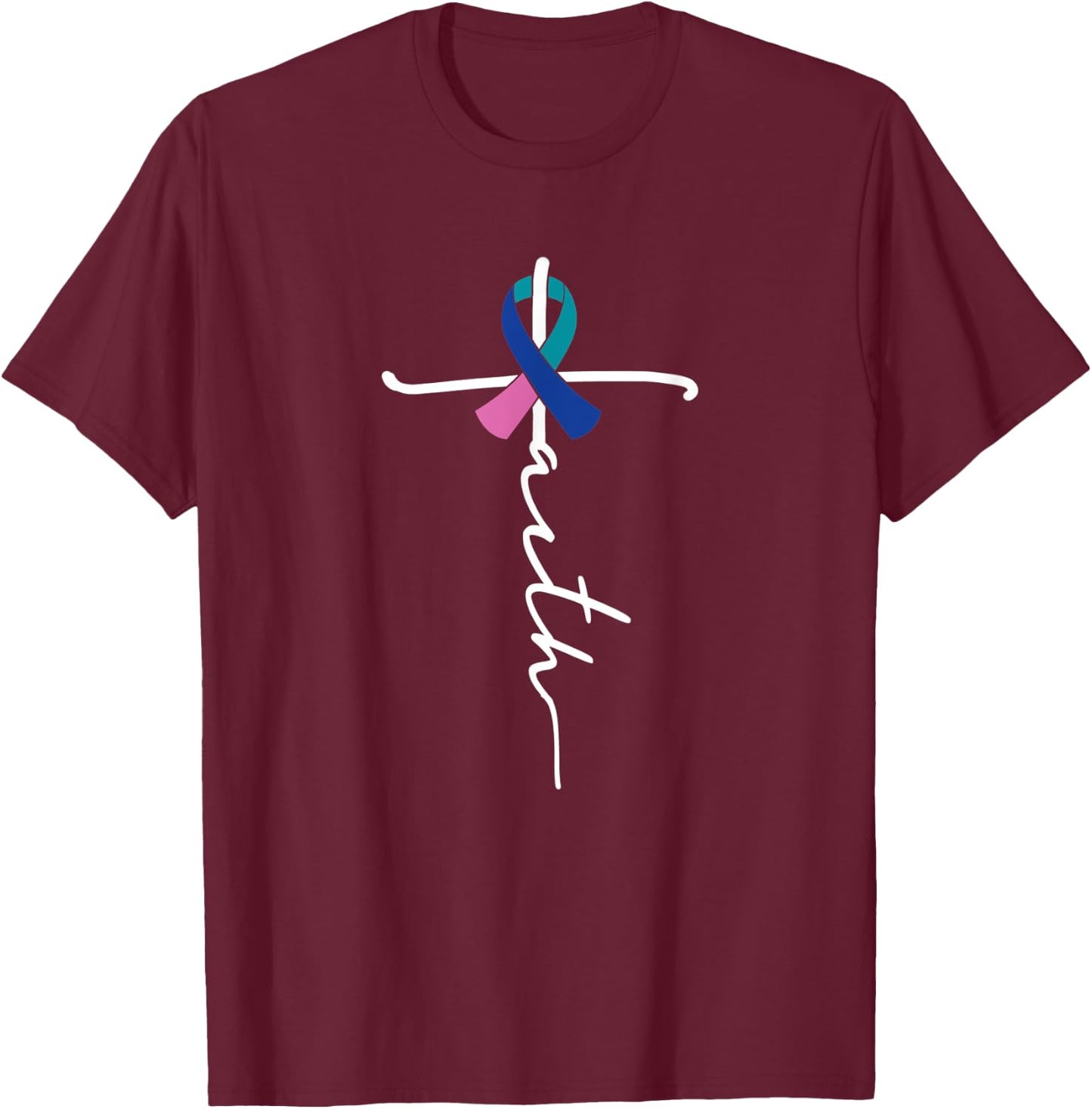 Faith Christian Cross Ribbon Thyroid Cancer Awareness T-Shirt - T-Shirt | Maroon
