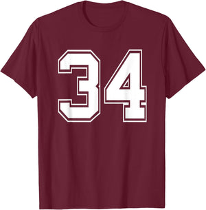 Number 34 Baseball Football Soccer Birthday T-Shirt - T-Shirt | Maroon