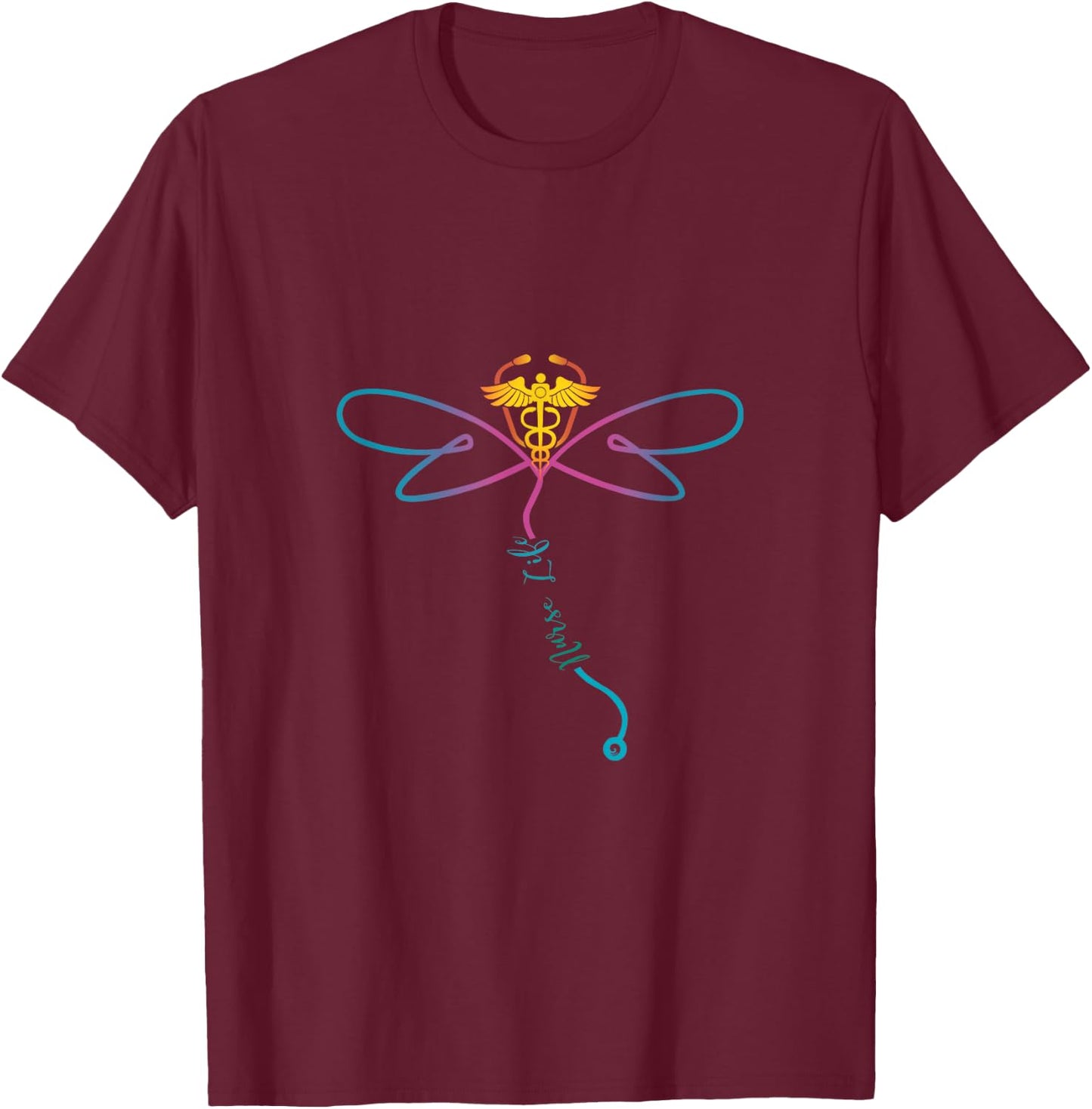 Nurse Life RN Colorful Dragonfly Stethoscope T-Shirt - T-Shirt | Maroon