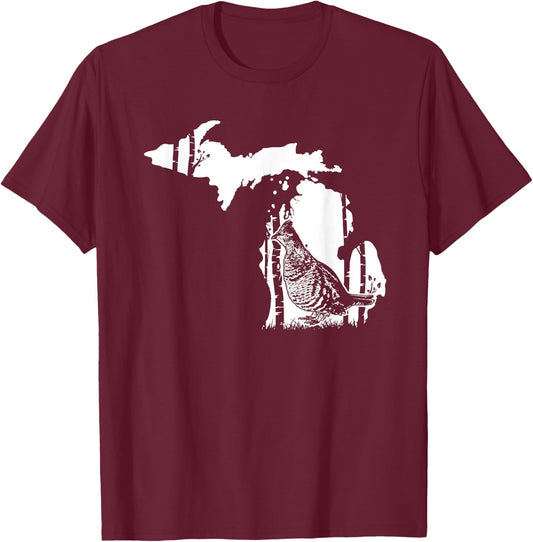 Hunting Partridge Grouse- Michigan map Bird Hunter T-Shirt - T-Shirt | Maroon