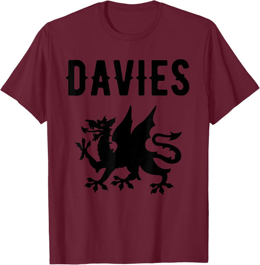 Davies Surname Welsh Family Name Wales Heraldic Dragon T-Shirt - T-Shirt | Maroon